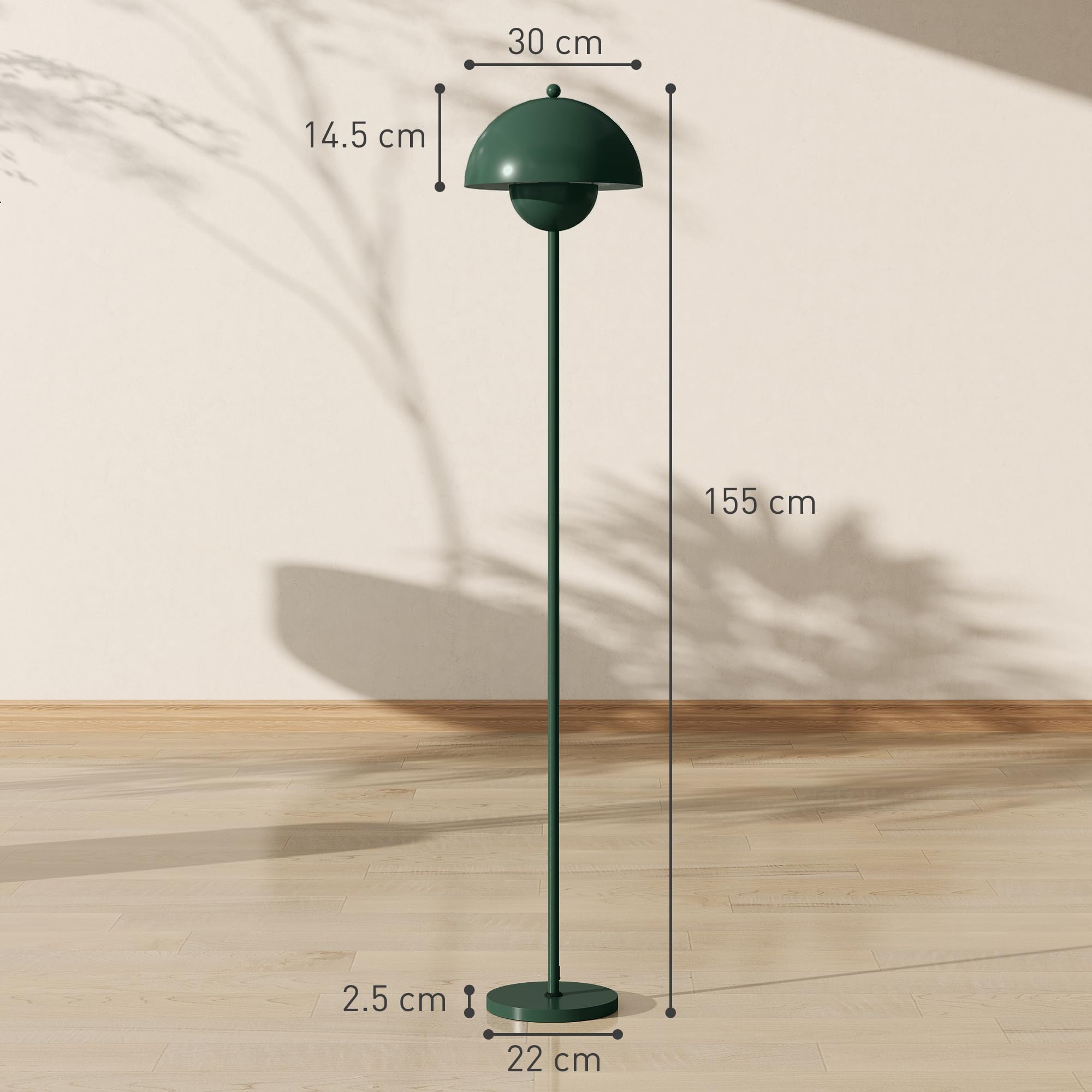 HOMCOM Lampada da Terra con Paralume Semicircolare e Interruttore a Pedale, Lampada a Piantana in Acciaio, Ø30x155 cm, Verde