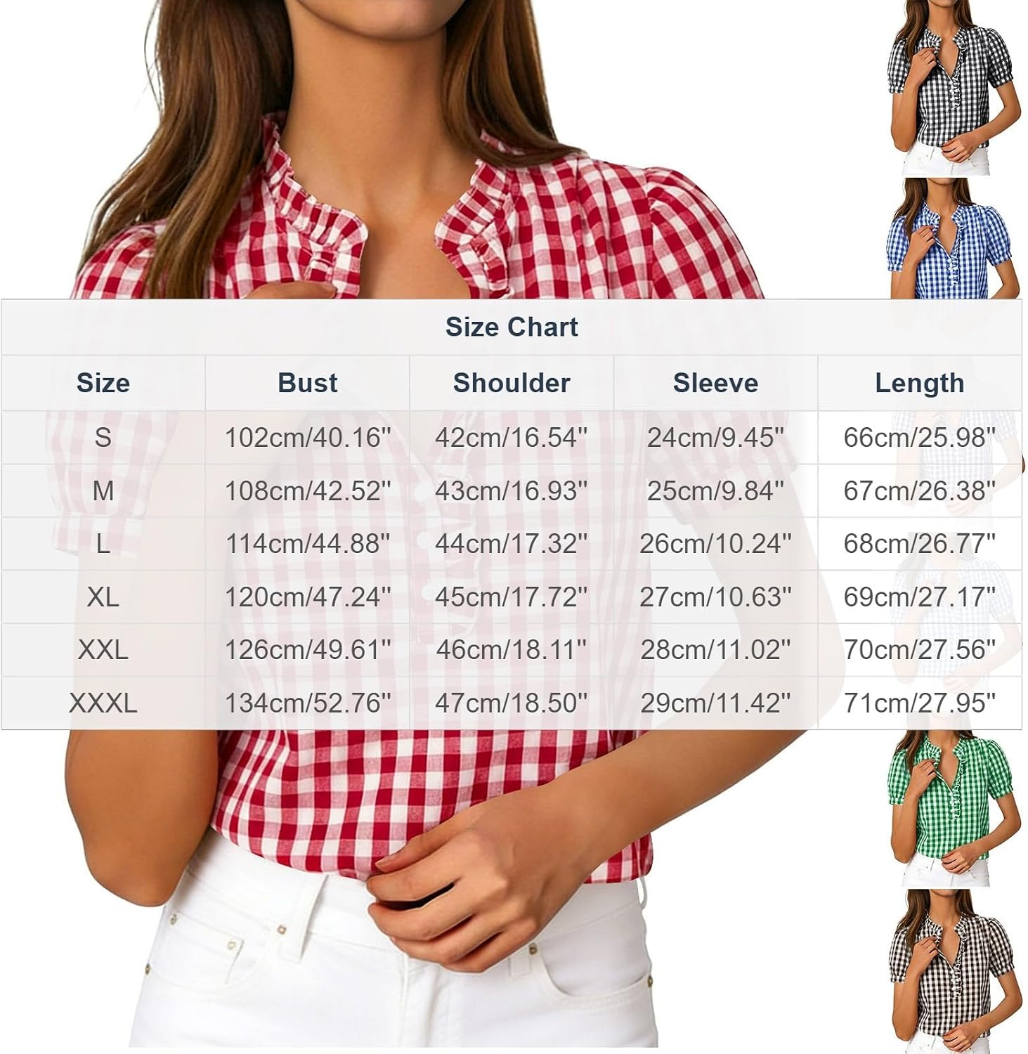 Womens Plaid Ruffle Blouse Casual Puff Short Sleeve Henley Button Gingham Trendy Tops Vacation Loose Work Shirt