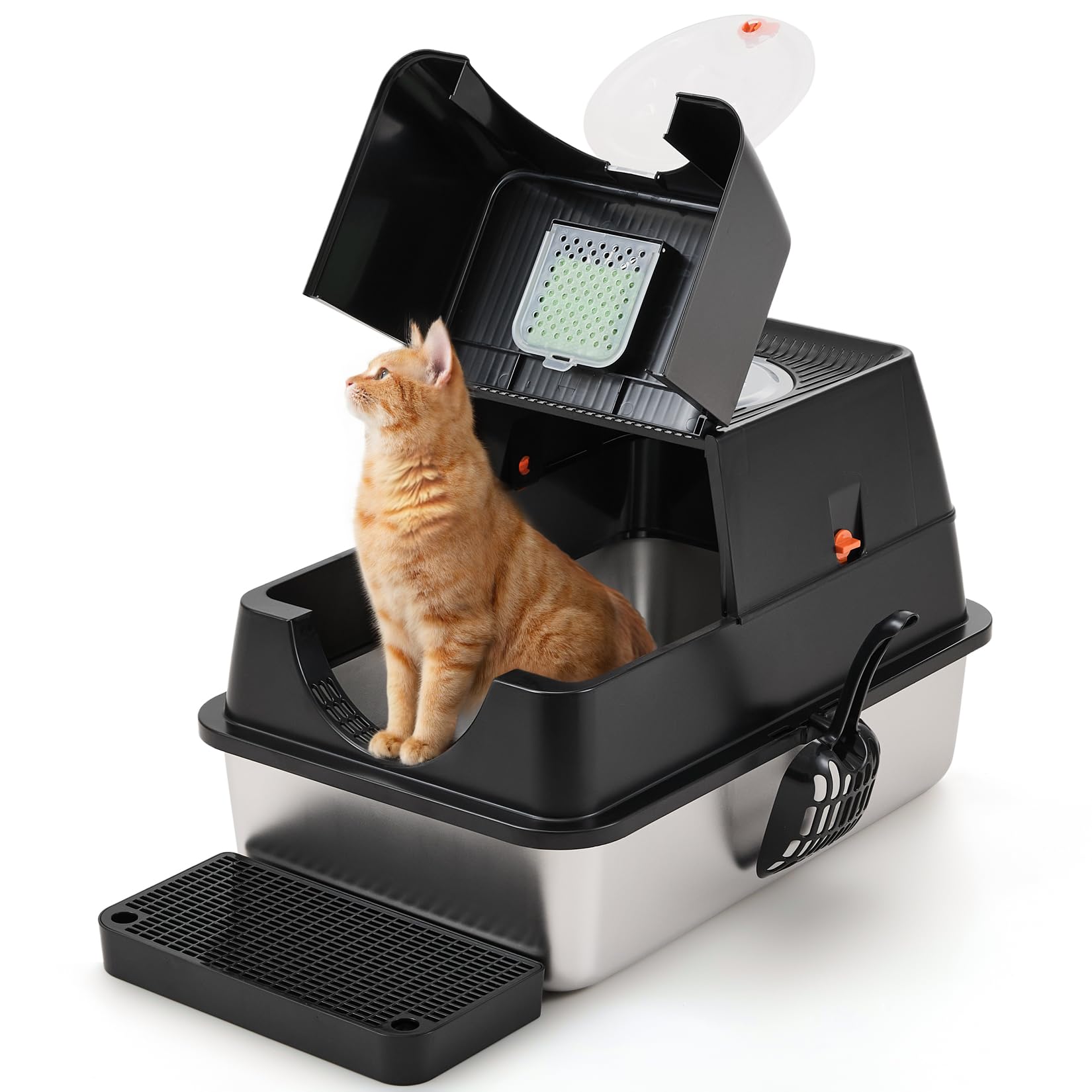 The Fellie Stainless Steel Cat Litter Box, Cat Litter Tray with Lid, Kitten Litter Tray with Top Entry, Large Litterbox, Detachable, Easy Clean&Odor Control, with Filter, Scoop&Mat, Black,60x40x39cm