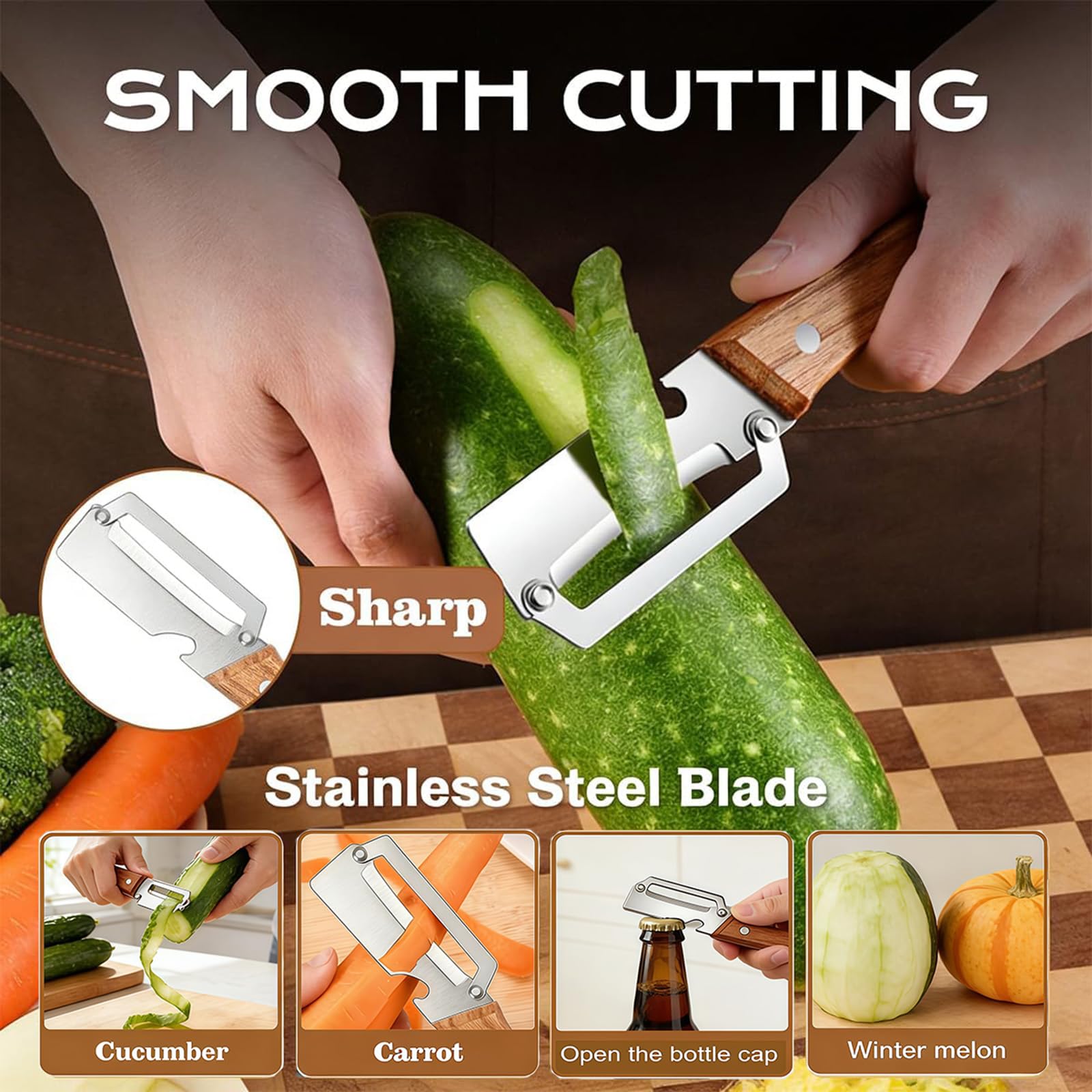 2-in-1 stainless steel vegetable peeler with wooden handle and bottle opener, stainless steel blade, non-slip kitchen fruit peeler（2pcs） - 3