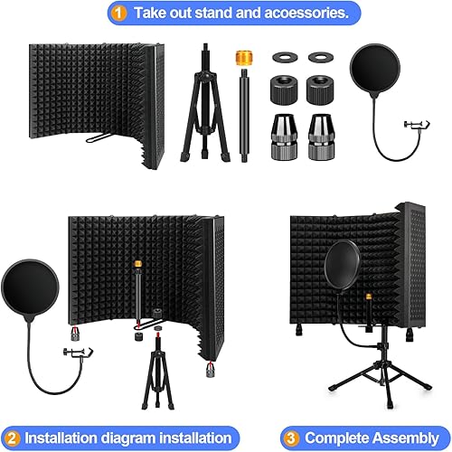 Miniatura 3 de Dmsky Escudo de aislamiento de micrófono de grabación con filtro pop y soporte para trípode, protector de micrófono plegable con triple aislamiento