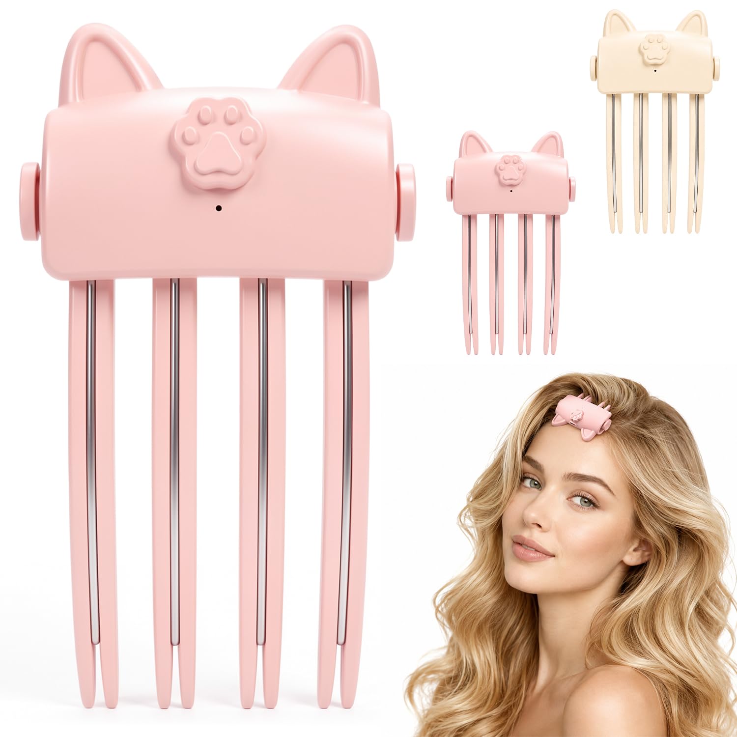 Heated Root Volumizer Hair Clip, Wireless Volumizing Roots Lift Clip Styling Comb with 2 Heat Settings, Type-C Rechargeable Portable Hair Crown Booster Bangs Lifter for Women, Fine & Thick Hair (Pink)