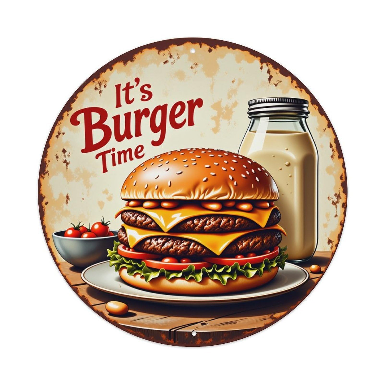 Burger Cheese Tomato Lettuce Patty Round Tin Sign Vintage Style Metal Sign Home Bar Garden Wall Plaque Decor Metal Poster 8x8 Inch
