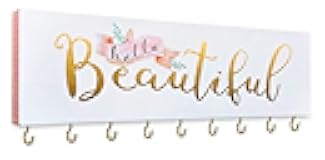 SANY DAYO HOME Hello Beautiful Wall Mount Necklace Holder Organizer with 9 Jewelry Hooks for Ring, Hair Bow, Headband, Purse - Wall Decor for Girls Room