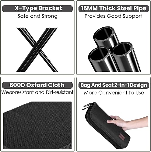 Miniatura 4 de MOONCY Taburete portátil, taburete plegable pequeño de 13 pulgadas para adultos, taburetes de campamento ultraligeros negros para senderismo y