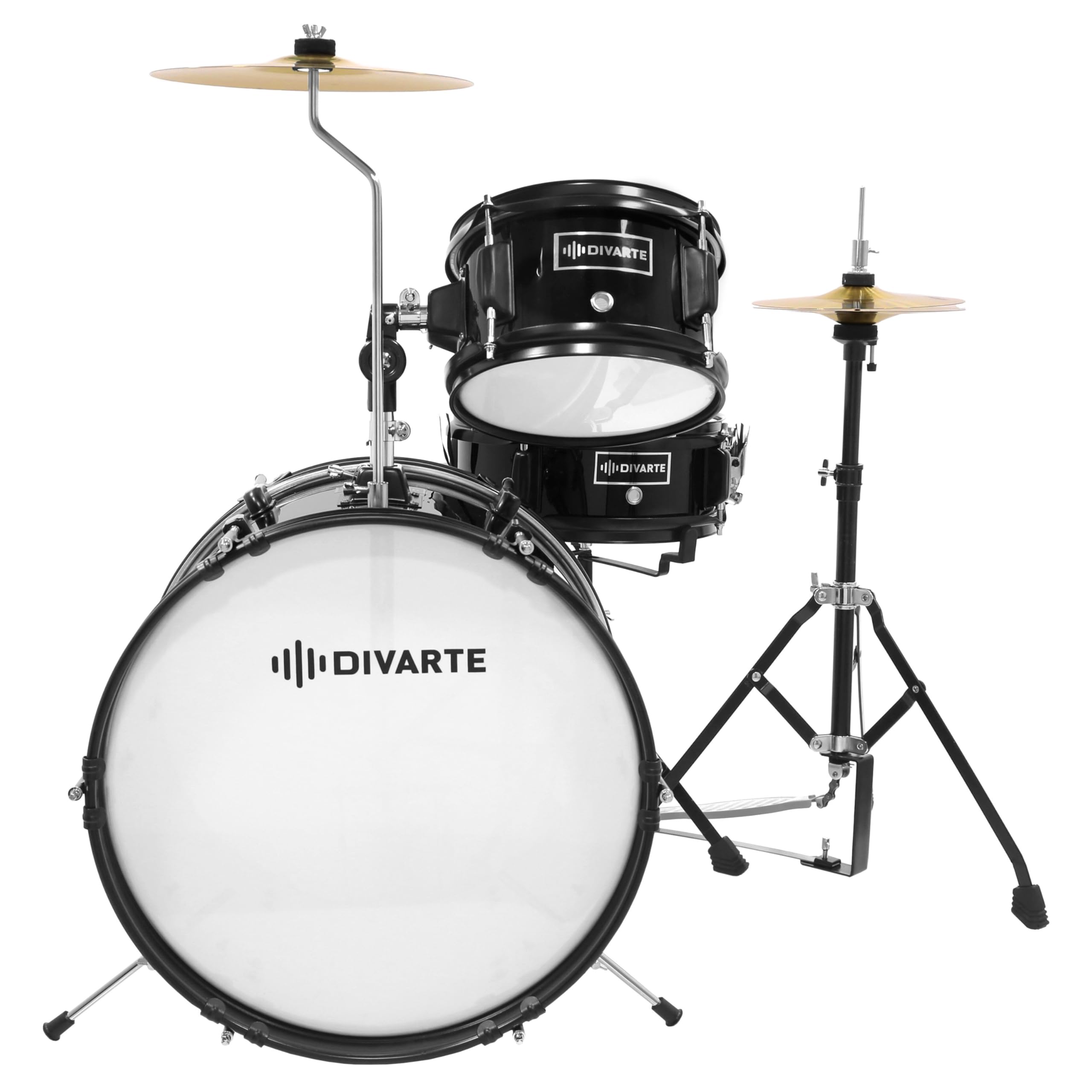 Junior DrumSet Black, kit di batteria regolabile per bambini, dai 6 anni, set di batterie acustiche per principianti con sedile regolabile, piede di charleston e bacchette inclusi.