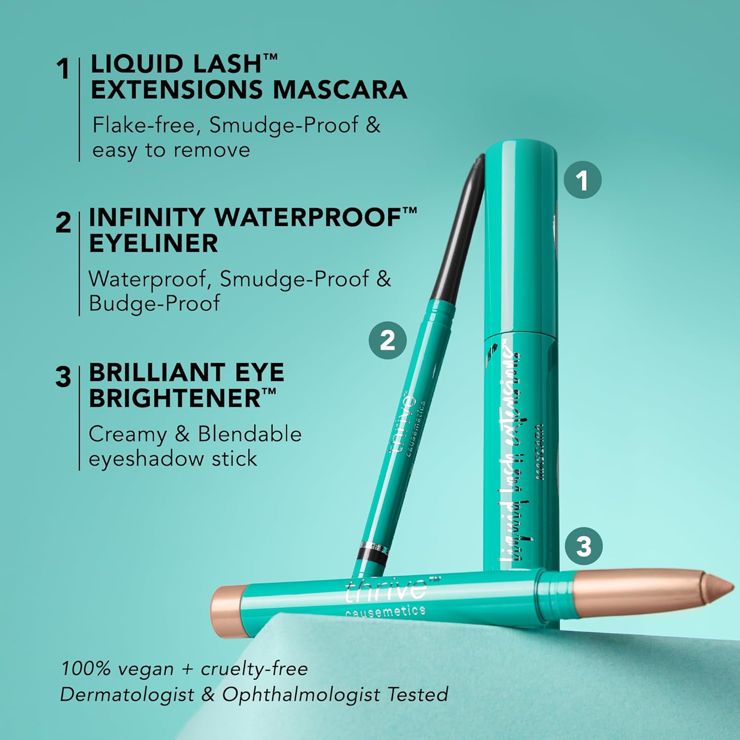 Thrive Causemetics Award-Winning Trio Kit, Makeup Gift Set for Women, Liquid Lash Extensions Mascara (Brynn), Brilliant Eye Brightener Highlighter Stick (Stella), Infinity Waterproof Eyeliner (Lauren) - Image 2