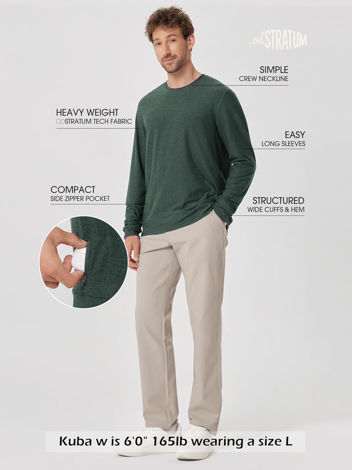 ODODOS Men's Long Sleeve Performance Crew T-Shirt - Ultra Soft odSTRATUM Tech Tee UPF 50+ Pullover Top with Side Zip Pocket - Image 3