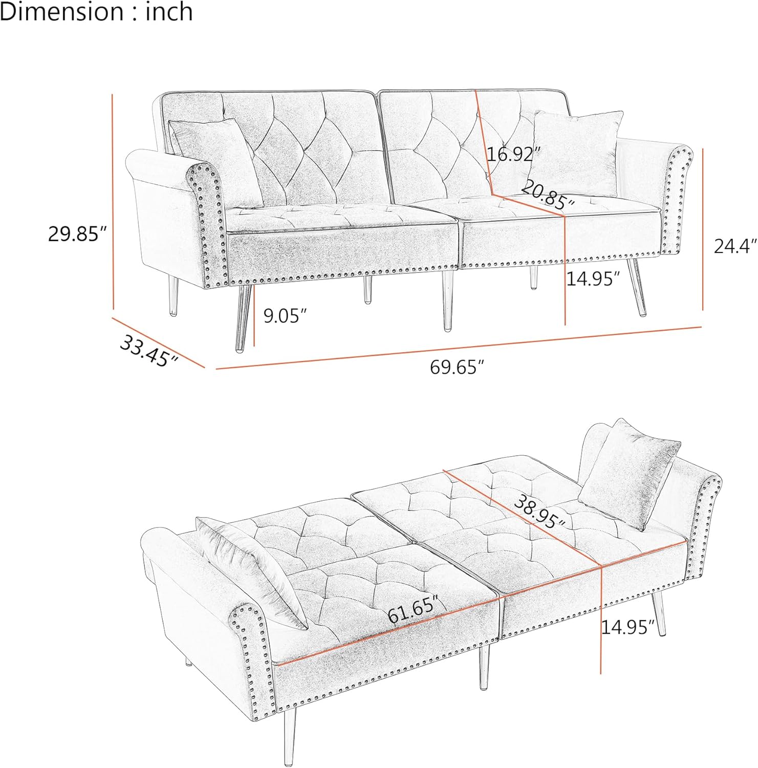 Velvet Loveseat Sofa Couch with Rolled Arms Nailhead Trim, Loveseat Sofa Futon Sleeper Bed with Gold Metal Legs for Living Room. (Grey)