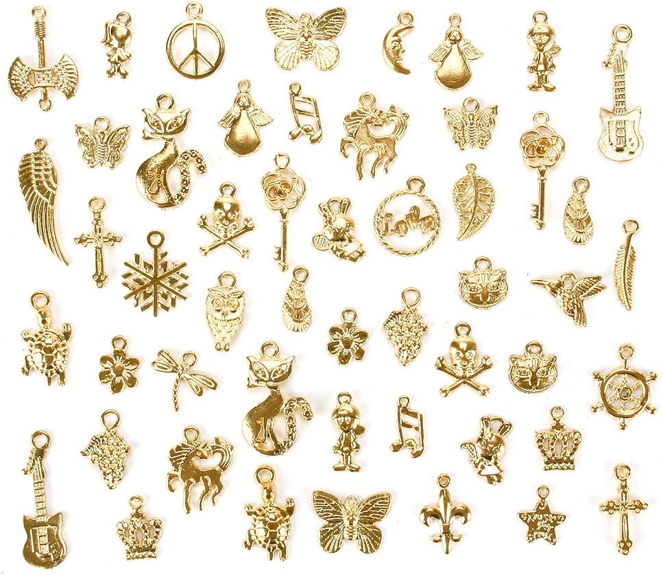 EUIRISTORE 50 Pieces Gold Plated Mixed Styles Charms Pendants DIY Jewelry for Necklace Bracelet