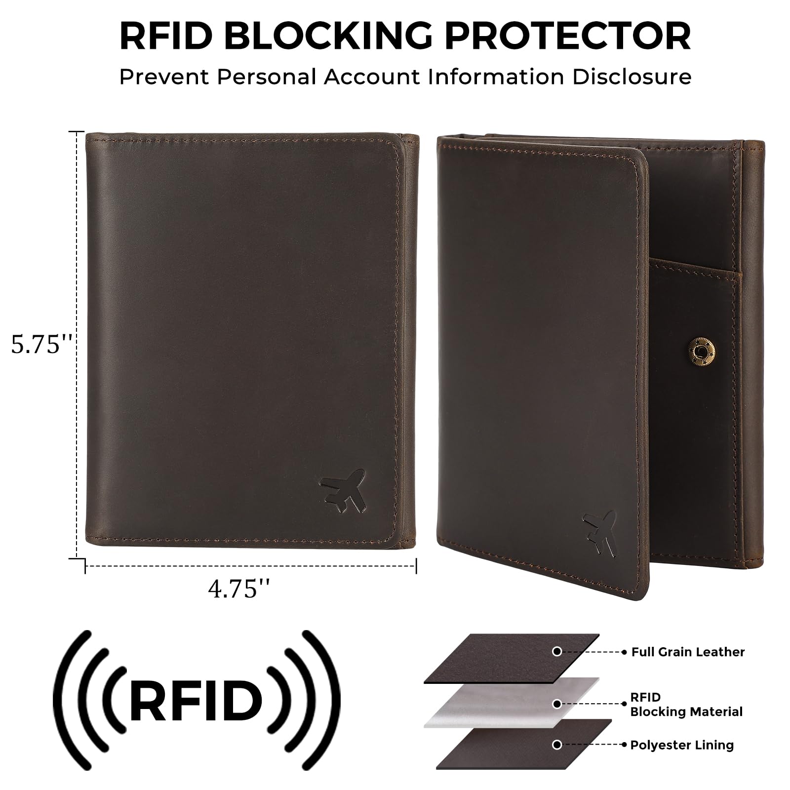 Polare - Cartera de cuero de grano completo para pasaporte, con bloqueo RFID, cartera triple para hombres, organizador de documentos para profesionales de la aviación, Marrón oscuro, Billetera triple