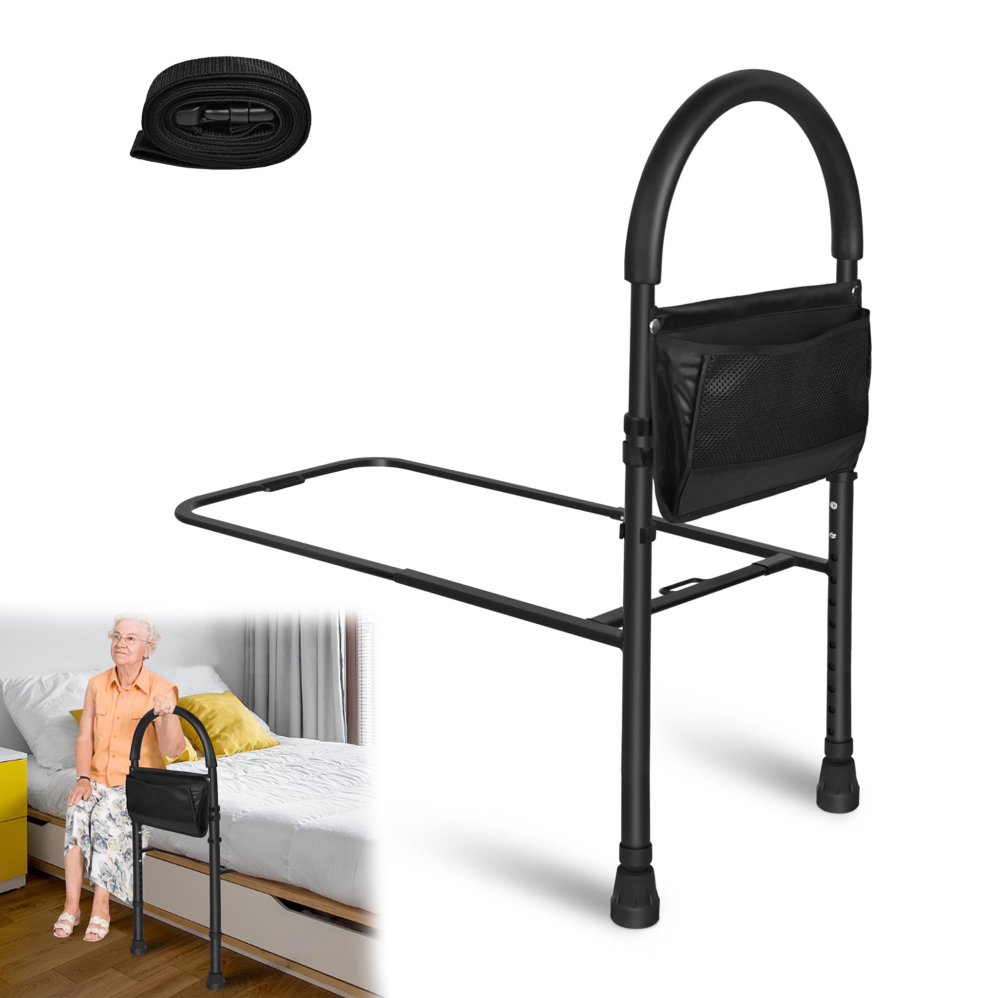YRHome Składana barierka do łóżka, pomoc przy wstawaniu do łóżka, ochrona przed wypadnięciem, pomoc dla seniorów, regulowana 83-113 cm, z antypoślizgowym uchwytem do łóżka, stabilne nóżki i torba do
