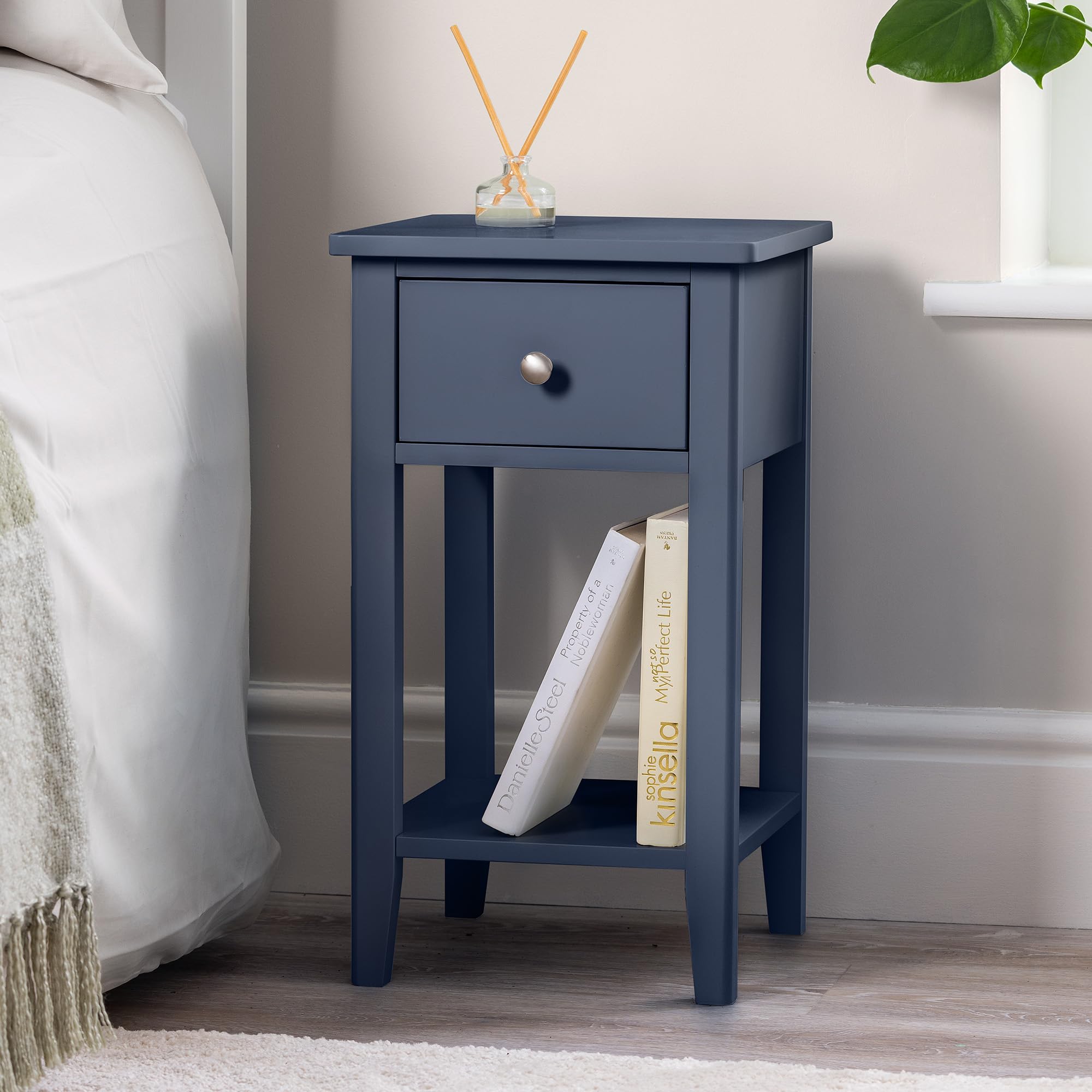 Christow Navy Slim Blue Bedside Table With Drawer & Shelf, Modern Narrow Bedroom Nightstand, Wooden Mdf Side End Stand For Living Room Hallway Sofa, Brushed Chrome Handle (H57cm X W32cm X D32cm)