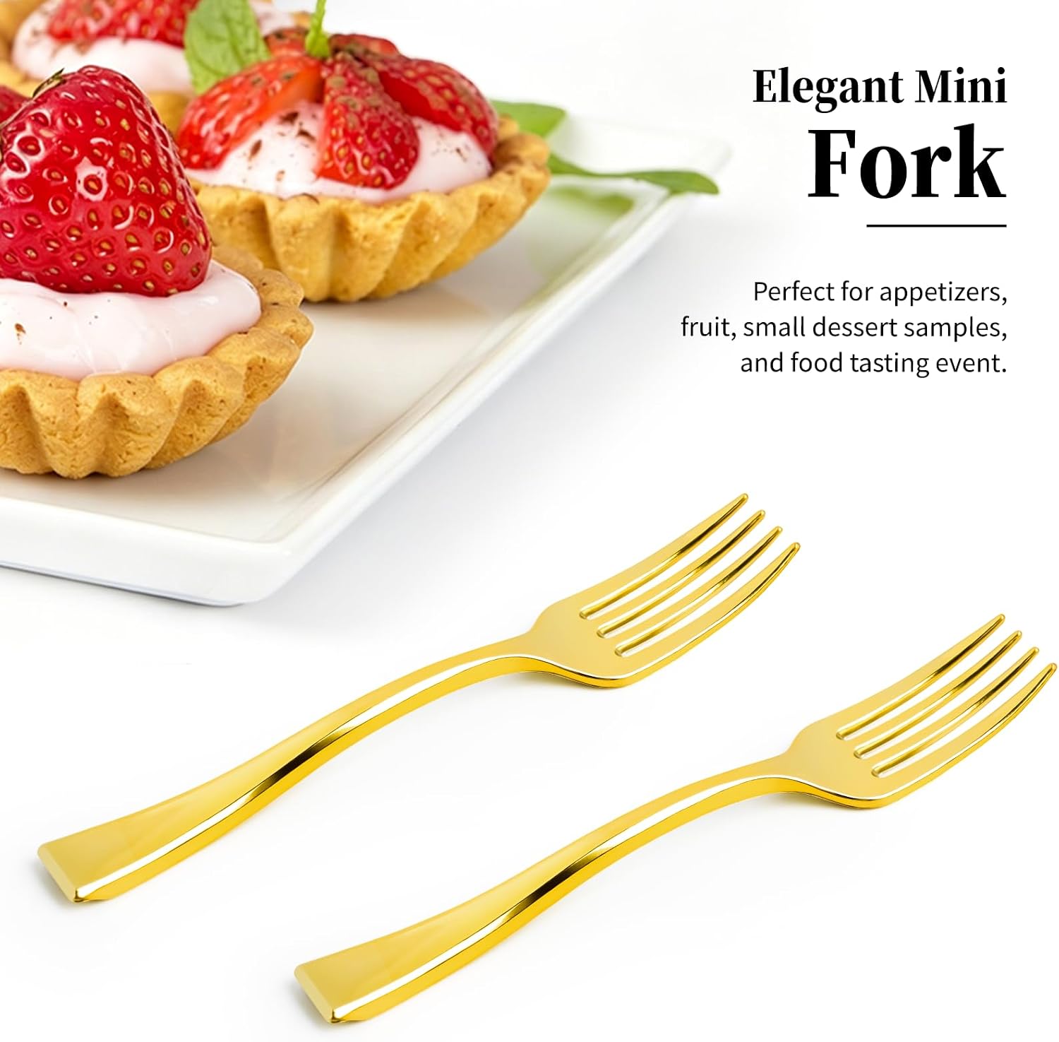 Kucoele 4 Inch Gold Mini Plastic Forks, 100 Pack | Disposable Appetizer Forks, Tiny Tasting Forks, For Small Desserts, Strawberries, Charcuterie, Smaples, Cocktails