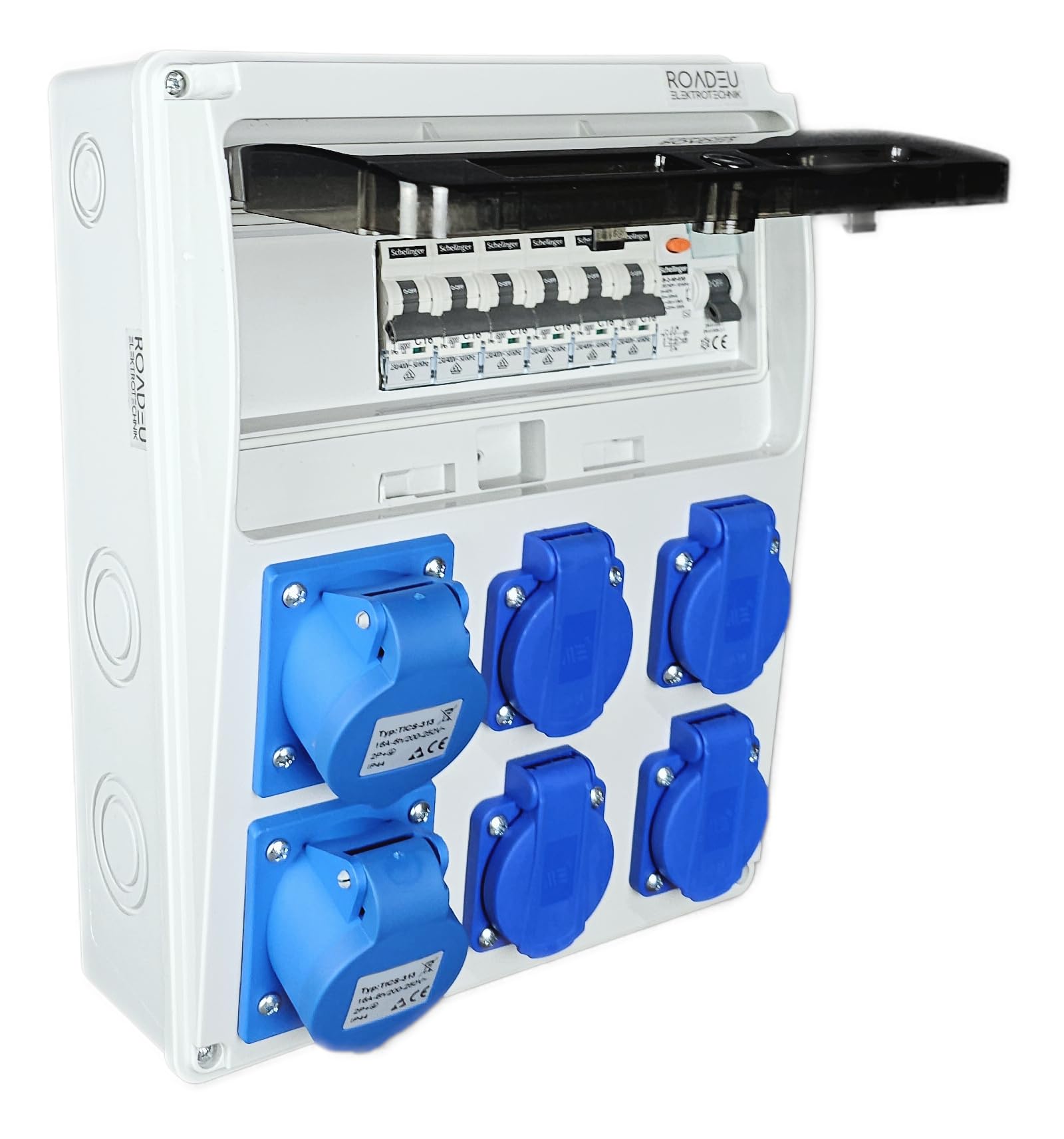 RoadEu - Distribuidor de corriente de 230V. Monofásico, 2 enchufes CEE 16A 3P y 4 enchufes Schuko con fusibles automáticos. Distribuidor de enchufes con interruptor diferencial y disyuntor.