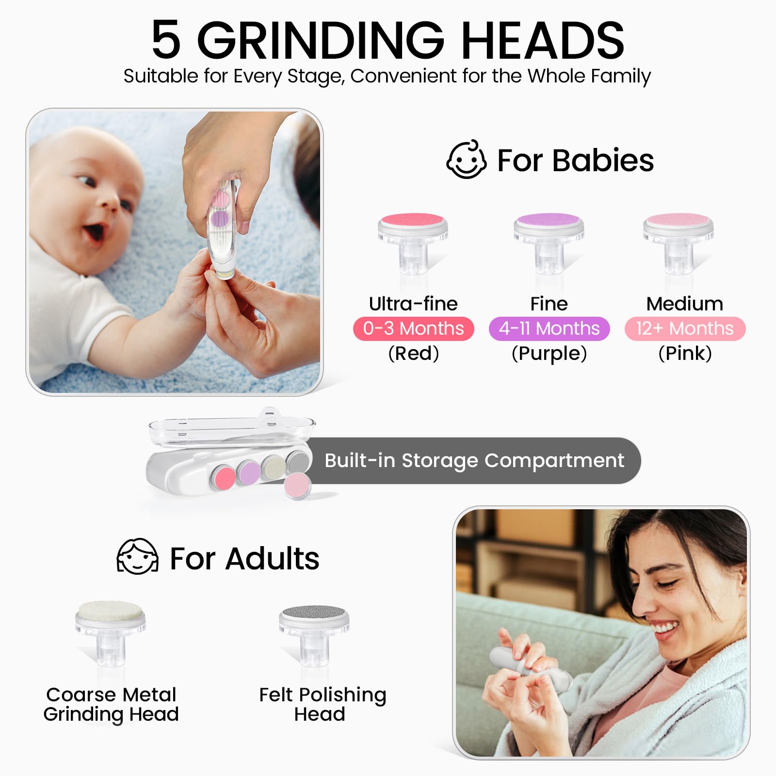 IvyWind Baby Nail File Electric, 5 in 1 Universal Baby Nail Trimmer with LED Light, Automatic Safety Baby Nail Clippers for Infants Newborn Toddler Kids Adults, 2 Speeds, Simple Operation, Gray