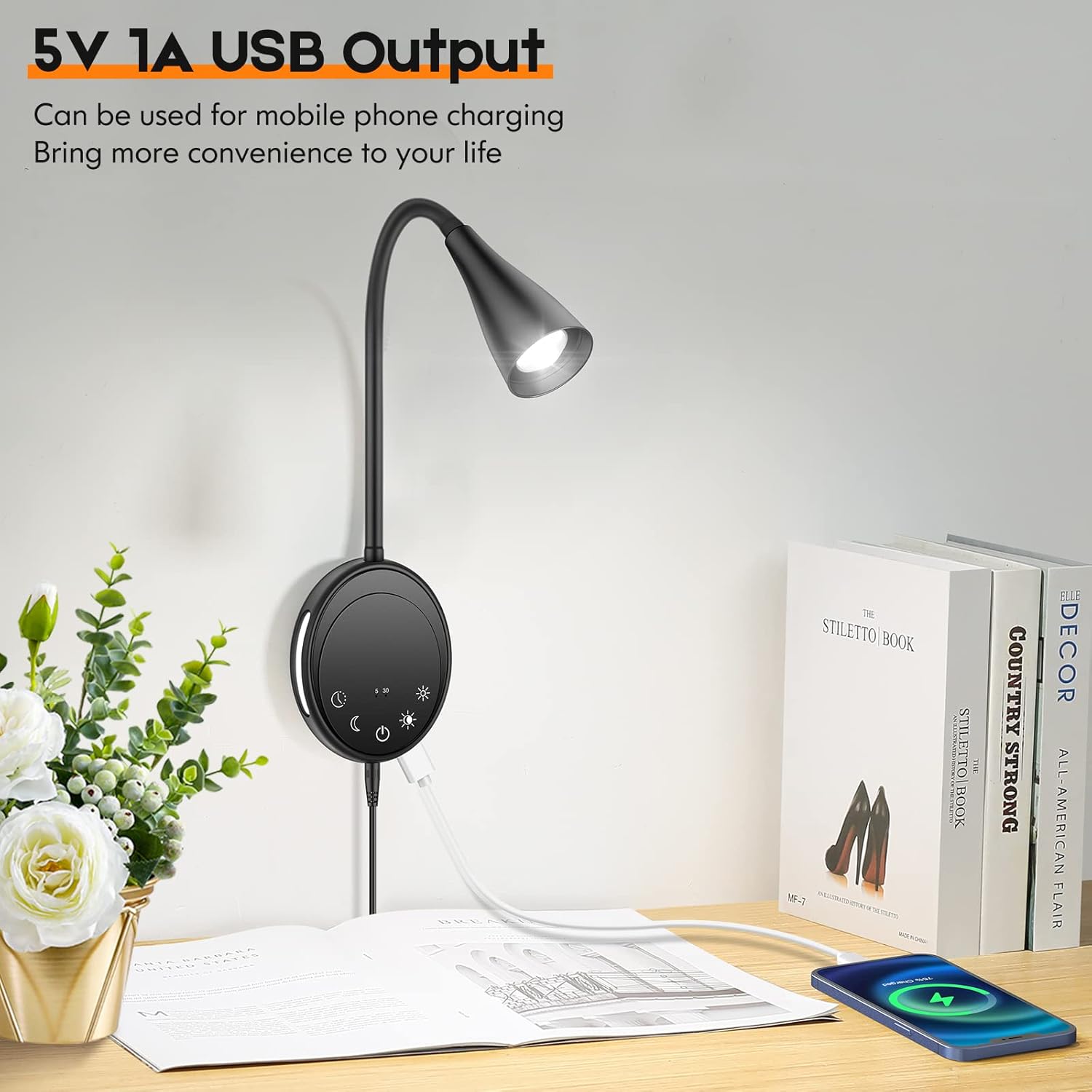 SANKEDOU Wall Mounted Reading Light, Bedside Headboard Lights with 5 Dimming & Color Temperature, USB Output, Night Light & Timers Function, Flexible Gooseneck 3000K-6000K Upgrade Bed Lamp (Black)