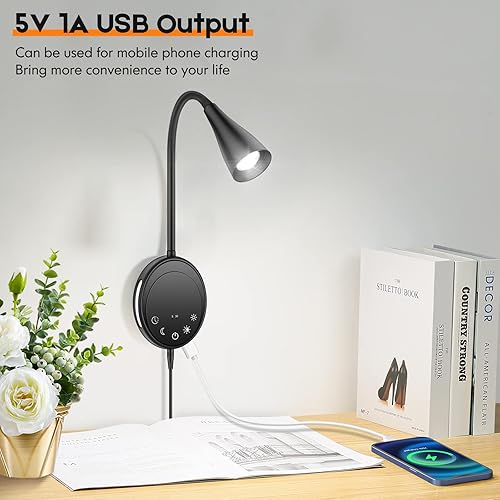 Miniatura 3 de Luz de lectura LED de montaje en pared, luces de lectura de cabecera con control táctil, 5 regulables, salida USB, luz nocturna y temporizadores,