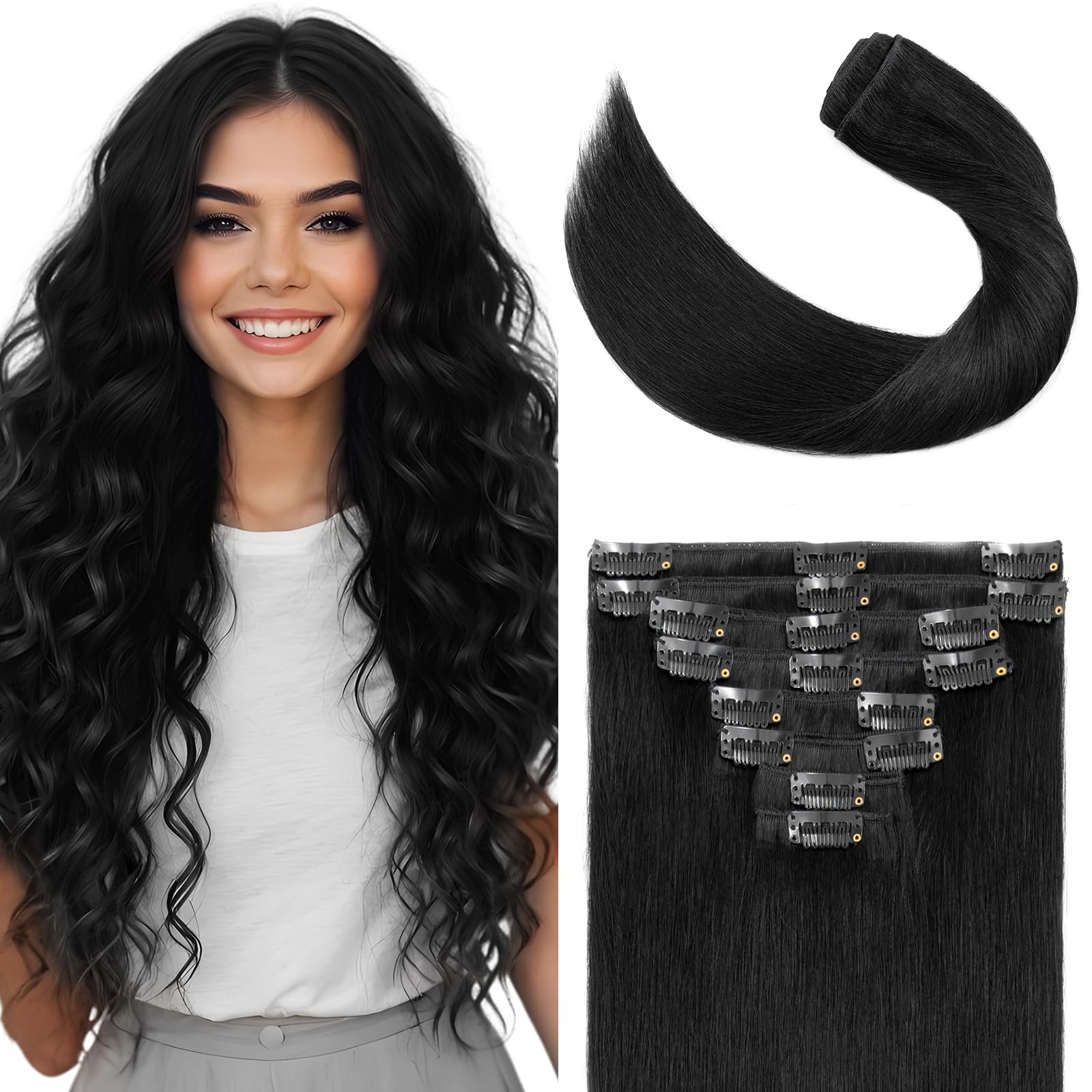 Elailite Clip in Hair Extensions Real Human Hair Black Remy Natural Hair Extension 8 Pcs Standard Weft (#1 Jet Black, 22 Inch-110g)