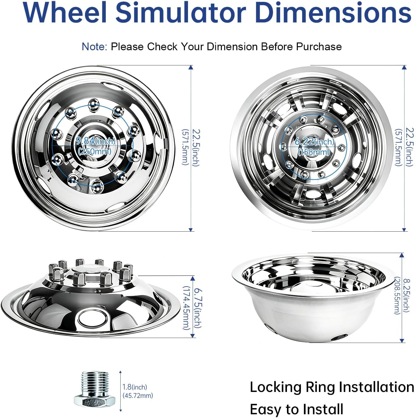 22.5" Wheel Simulators Stainless Steel Hubcaps Polished Surface 4PCS Set 2 Front+2 Rear Locking Ring Installation Compatible with F350 Dually RV Semi Trucks 22.5 Inch Wheel Covers