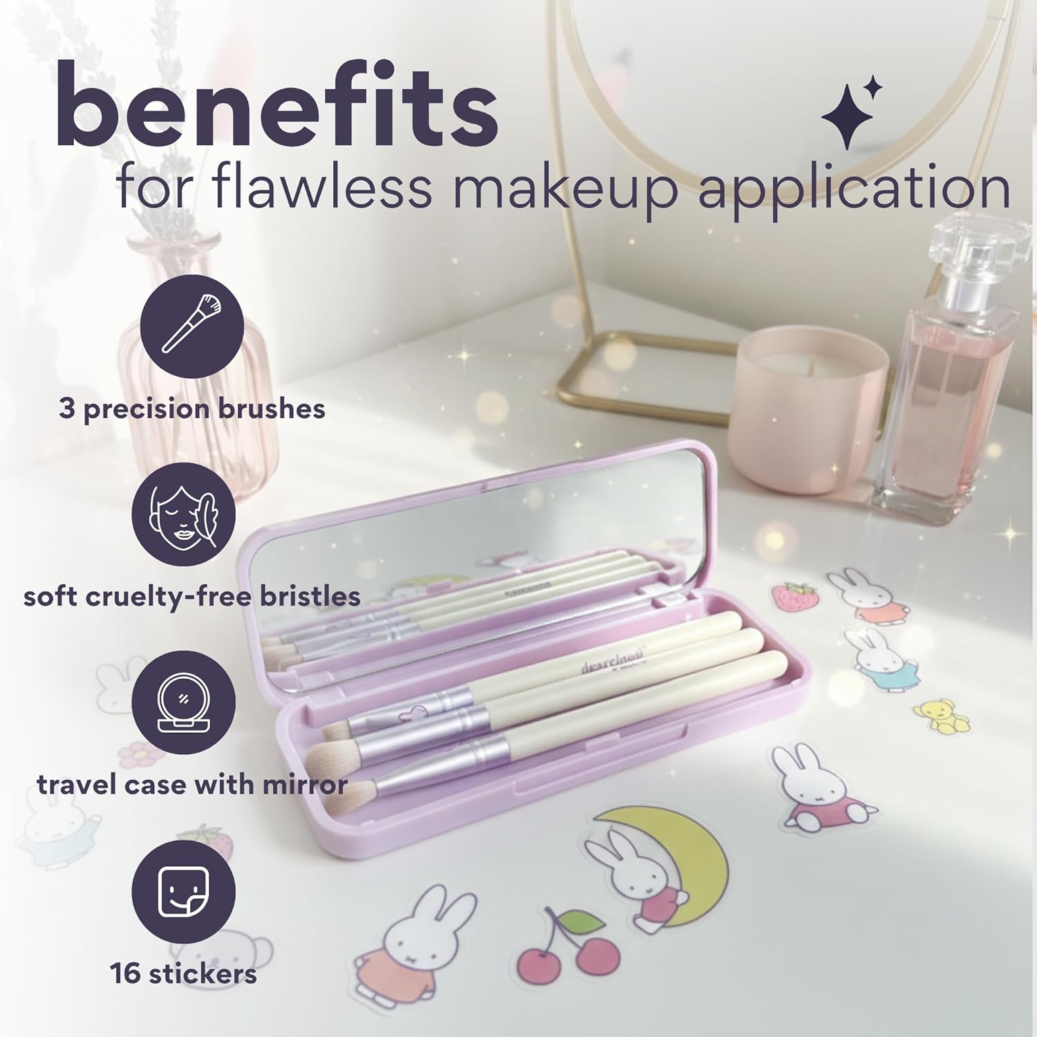 dearcloud Miffy Makeup Brush Set – Blending, Smudger & Angled Precision Brush with Travel Case, Mirror & Customization Stickers (Endearing Bun)