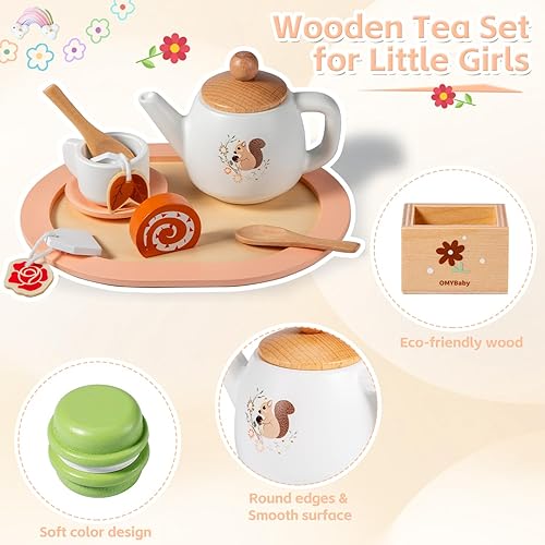 Miniatura 3 de Juego de té de madera para niñas pequeñas, juego de 19 piezas para fiesta de té con tetera, tazas de té, soporte de postre, macarrones, pasteles y