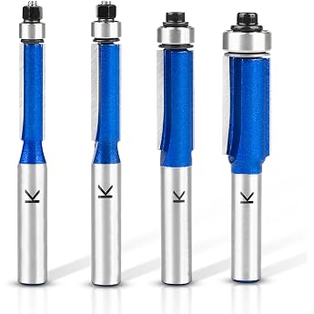 4 Piece Flush Cutter 8 mm Shank Blue Flush Cutter Set Double-Sided Milling Cutter with Bearings for Wood Diameter 6.35 mm Diameter 8 mm Diameter 9.5 mm Diameter 12.7 mm Working Length 25 mm