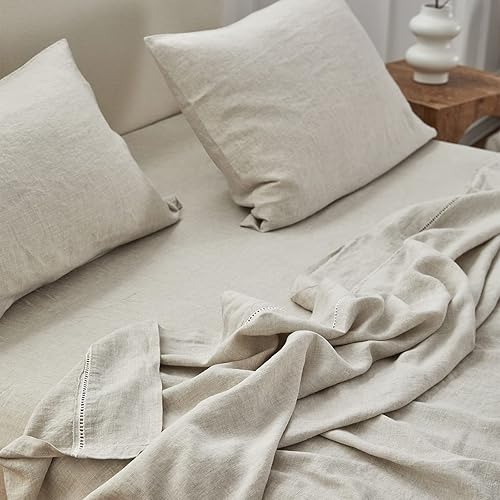 Miniatura 8 de Simple&Opulence Juego de sábanas de 100 % lino europeo transpirable de 4 piezas con sábana bajera de 14 pulgadas, 1 sábana encimera y 2 fundas de