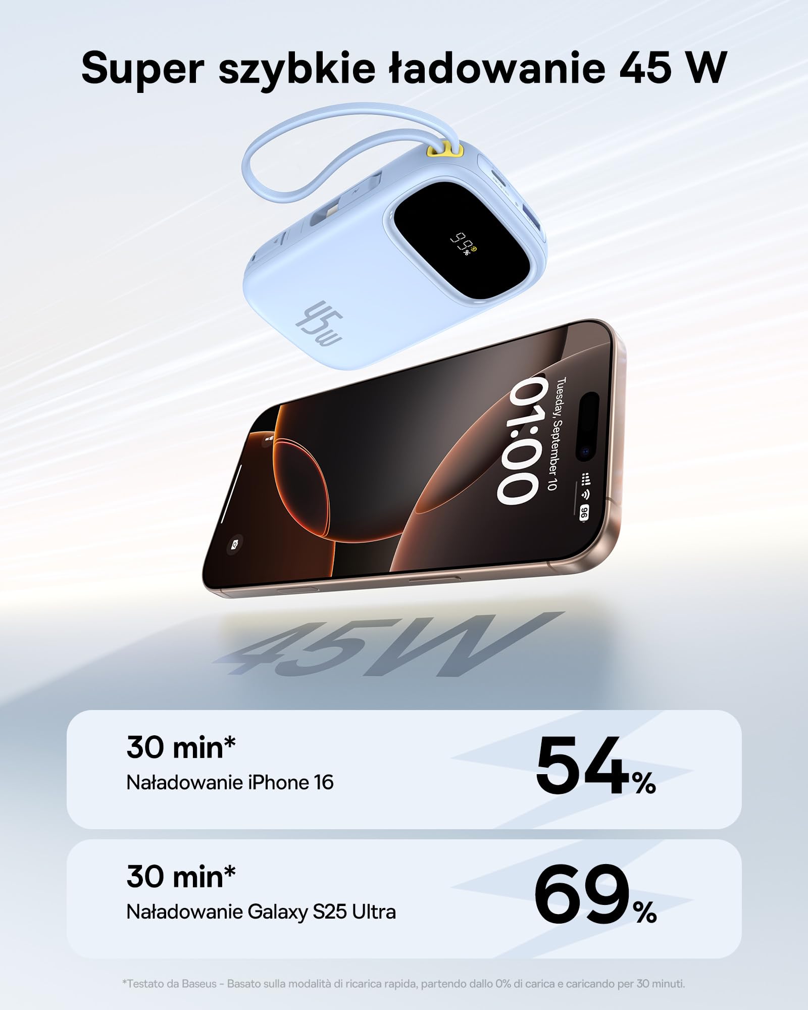 Baseus Powerbank 20 000 mAh 45 W z wbudowanym kablem USB-C, QPow3 Power Bank PD3.0 QC4.0, zewnętrzne akumulatory do telefonów komórkowych, 3 USB-C, 1 USB-A, przenośna ładowarka do iPhone 16/15/14 Pro