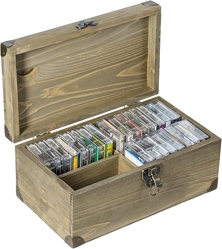 MyGift Caja de almacenamiento de cinta de cassette de audio retro de madera gris marrón vintage con pestillo de metal de tono latón antiguo y