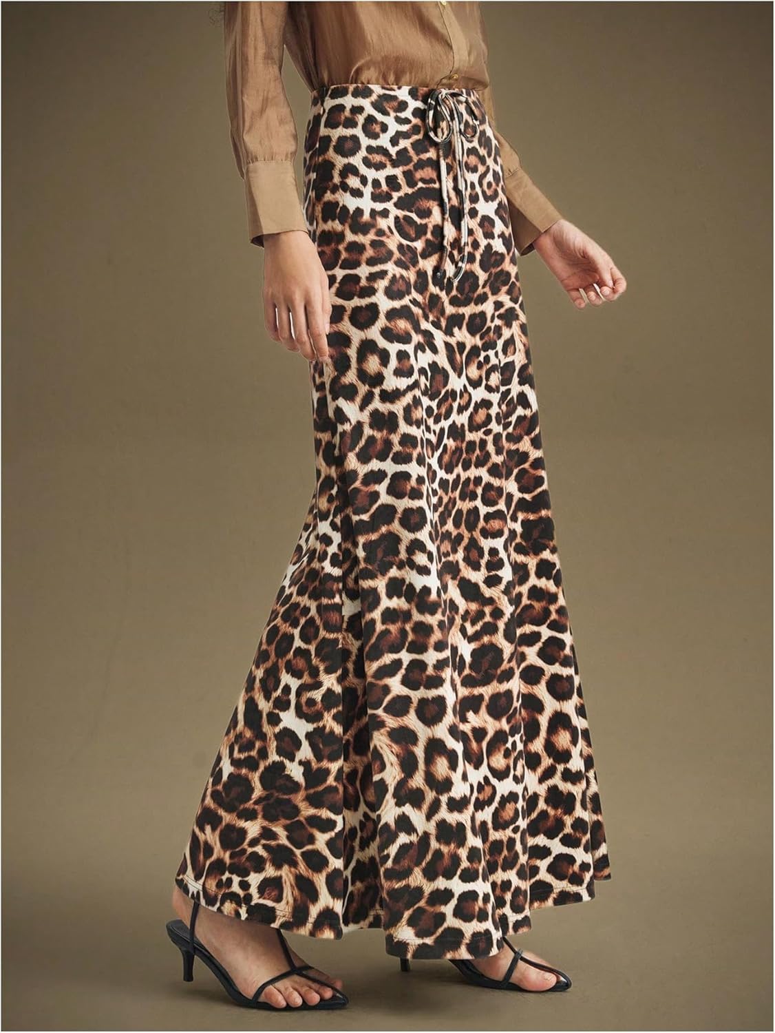 Floerns Women's Leopard Ruffle Maxi Skirt Drawstring High Waisted Fishtail Long Skirts - Image 3
