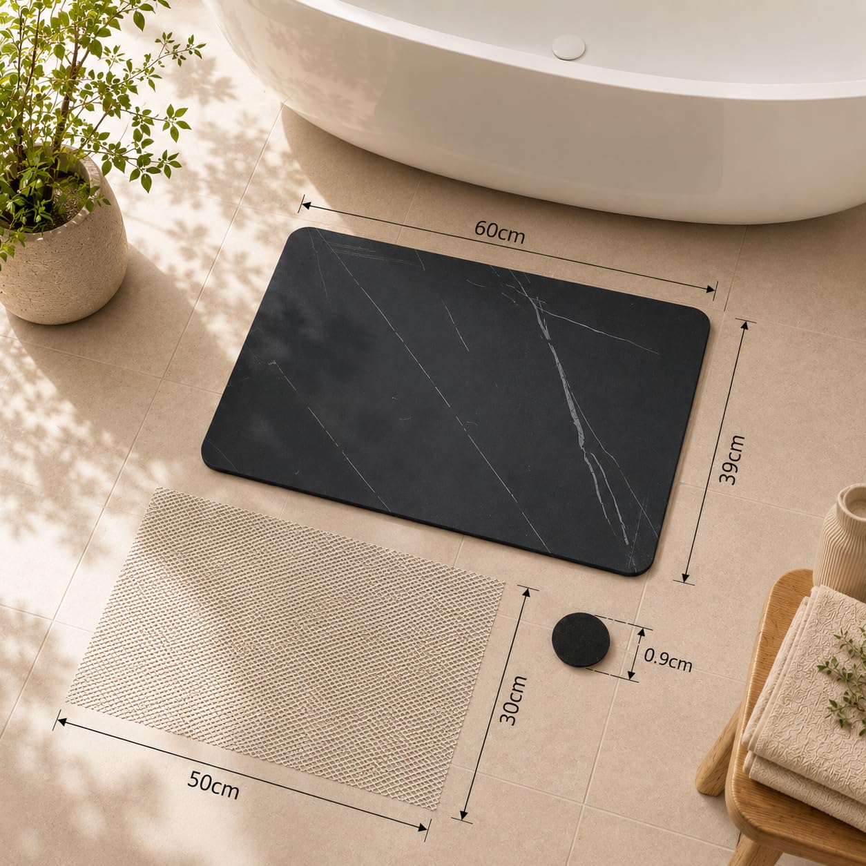Maxura Alfombra Diatomita Baño 60x40 cm – Alfombrilla de Piedra Diatomita Super Absorbente para Ducha, Baño y Cocina, Secado Rápido, Antideslizante y Antibacteriana - Stone Bath Mat (Negro)