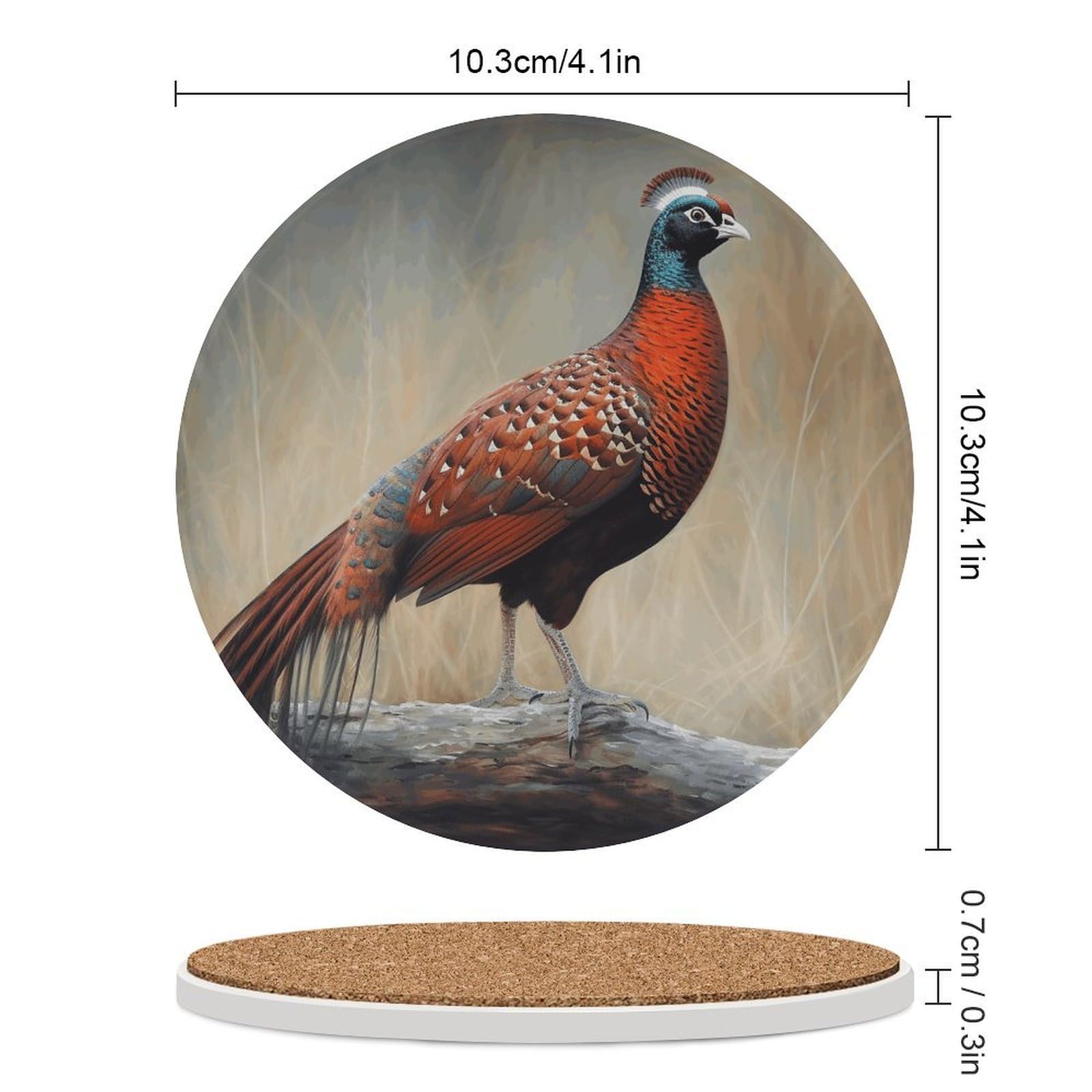 Czerwone podstawki pod napoje bażanta z uchwytem na stolik kawowy, ceramiczna podstawka z podstawą korkową, ceramiczna podstawka kamienna do mrożonych zimnych lub gorących napojów, 10 cm