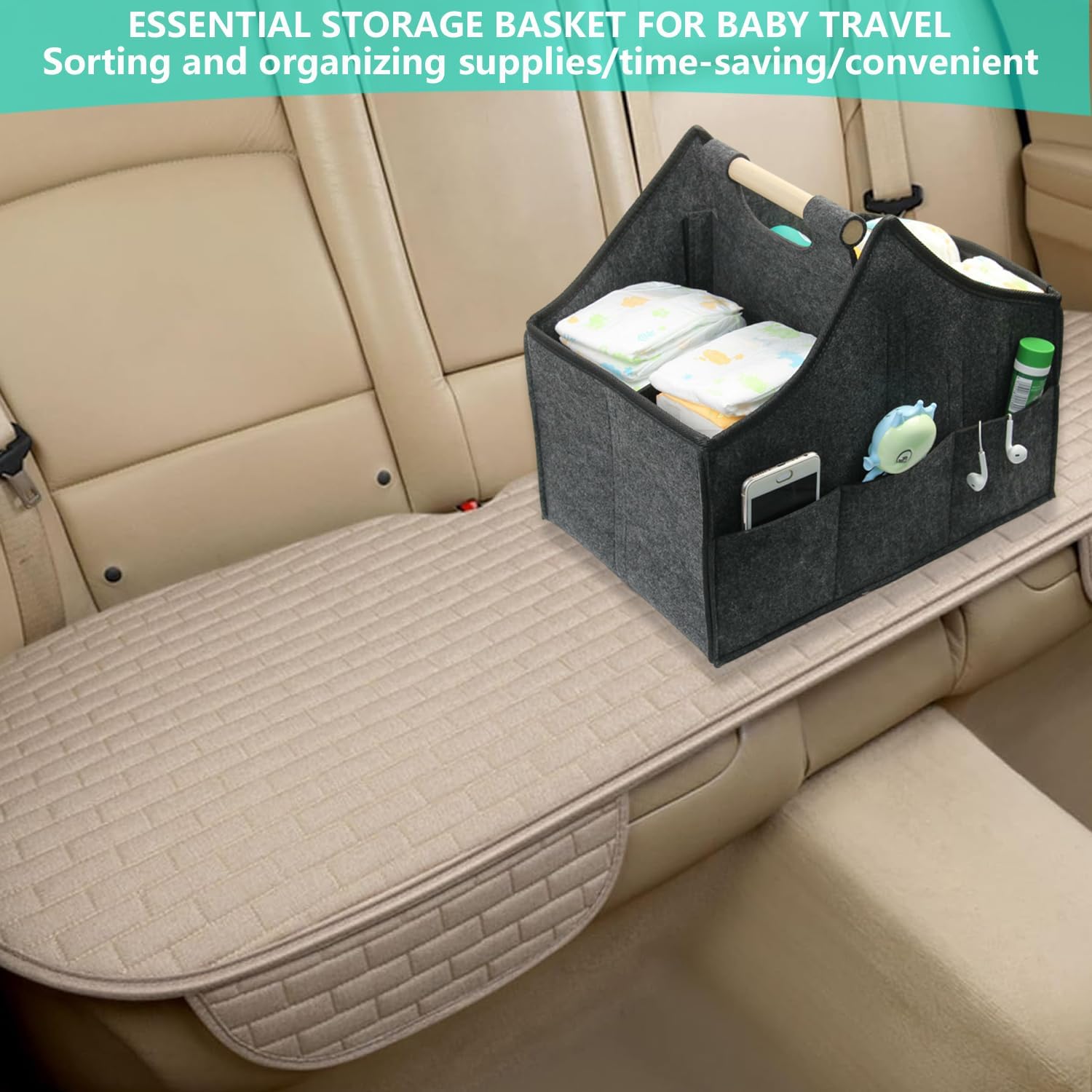 Baby Diaper Caddy Organizer,car felt caddy, baby product storage basket, solid wood handle, detachable partition storage basket for daycare,Best Gift Basket for Babies (black)