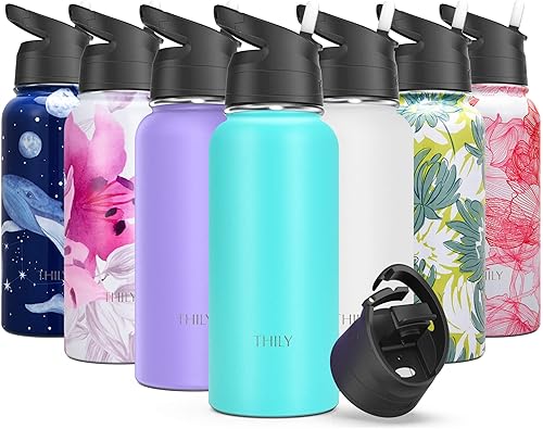 Miniatura 6 de THILY - Botella de agua aislada de acero inoxidable, con triple aislamiento, 32 onzas, a prueba de fugas, boca ancha, reutilizable, con 2 tapas y