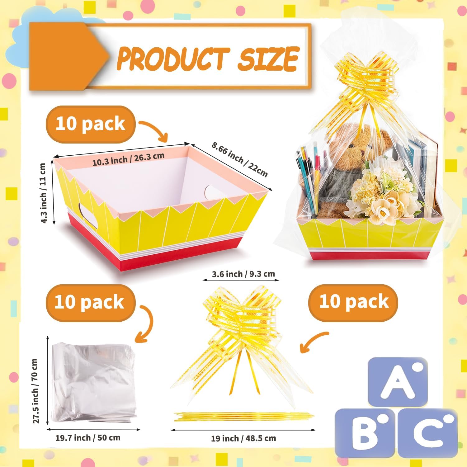 Orchidleaf 10 Pcs Back to School Gift Baskets Empty, Pencil Paper Box with Handle 10 x 8'' Teacher Appreciation Gift Baskets, Graduation End of Year Gift Bags with Ribbon and Gift Bag