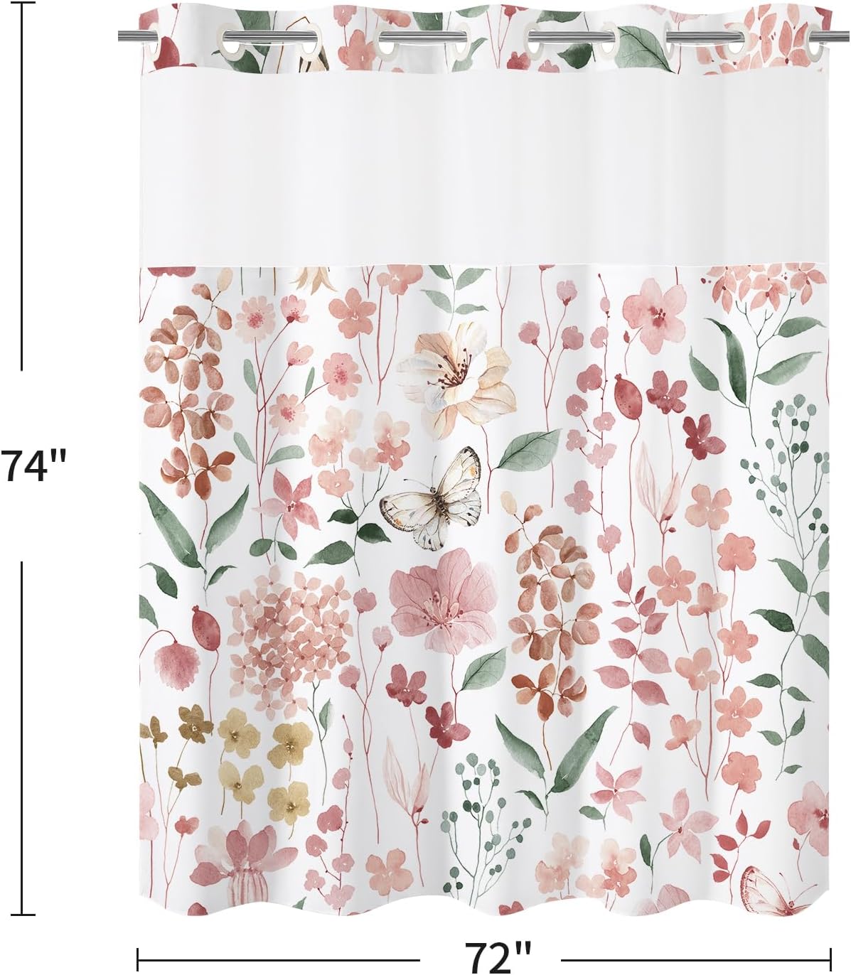 Litabel No Hook Pink Watercolor Floral Shower Curtain and Liner Set, Spring Flower Shower Curtains with Snap in Liner for Farmhouse Bathroom Decor, Botanical Bathroom Curtain with Leaves, 72x74