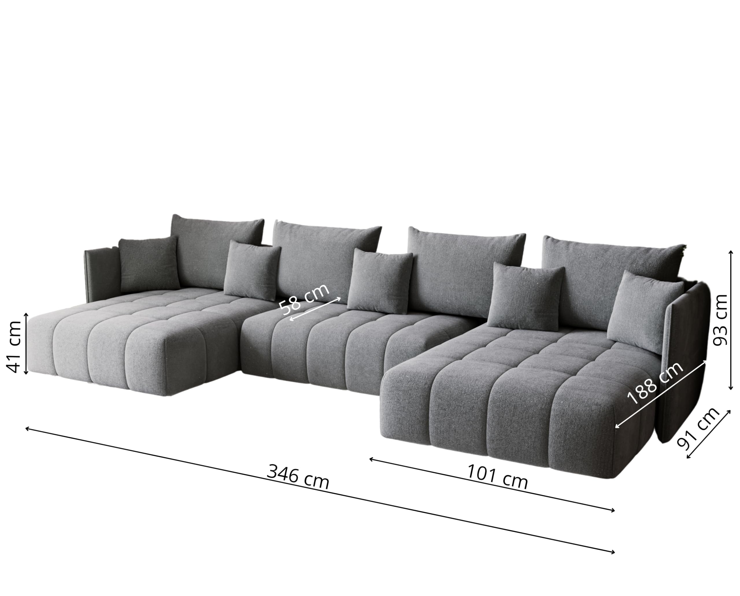 Wohnlandschaft u Form- Gona U - Schlafsofa 346 x 188 cm - T30-Schaumstoff - Automatisches Zusammenklappen für einfaches Entfalten - 346x188x93cm - Monolith 84 (Grau)