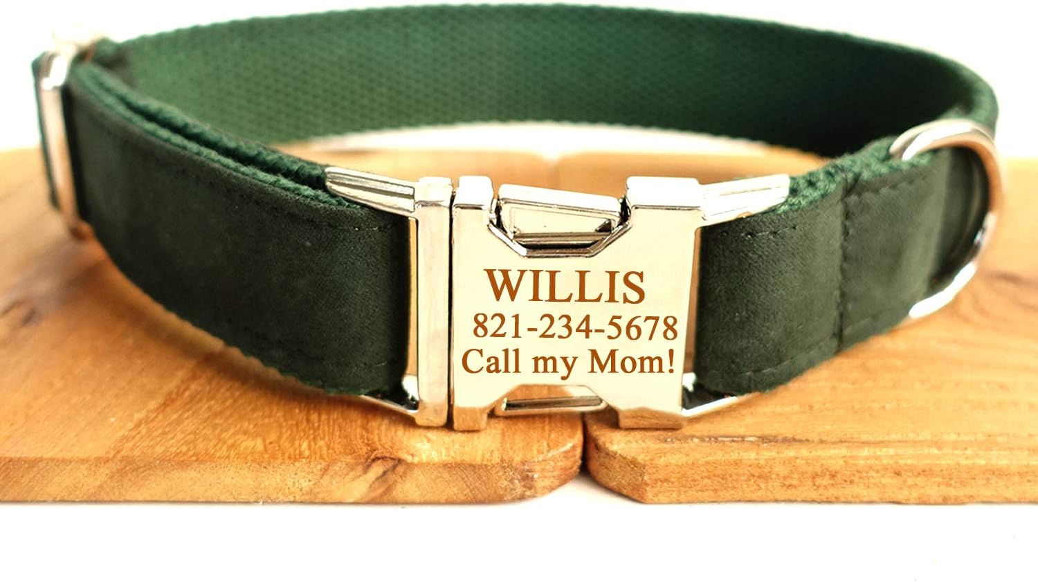 Personalized Dog Collar, Engraved Metal Clasp Collar for Pets Name & Phone Number with Fully Adjustable Sizes XS/S/M/L/XL (XS/S/M/L/XL, Deep Green Plush)