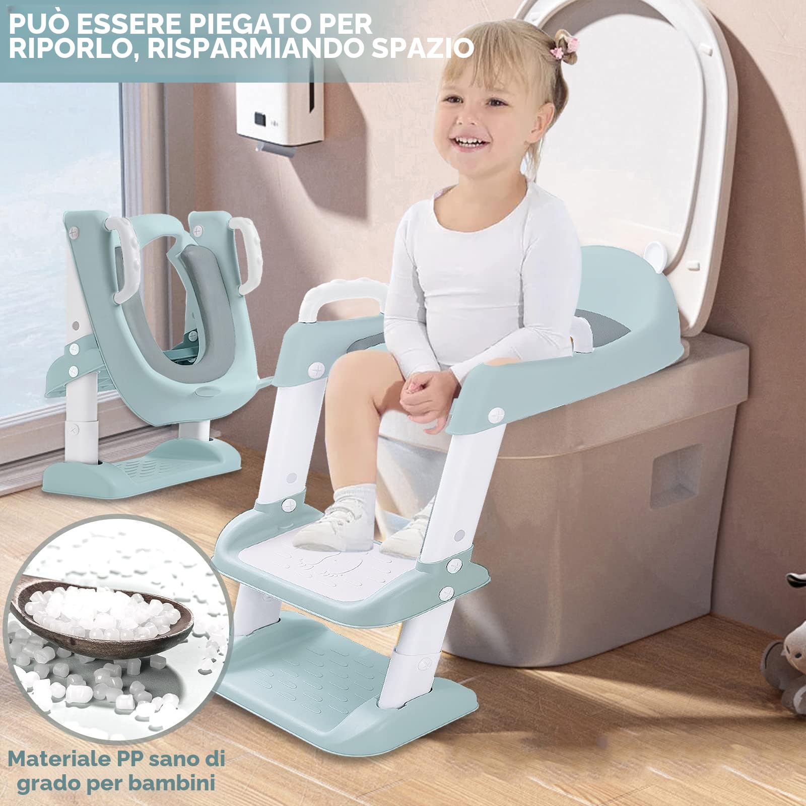 Riduttore WC per Bambini, con Scaletta, con PU Morbida Seduta Imbottita, Pieghevole, Antiscivolo, Adatto per Tazze a V, U Oppure O