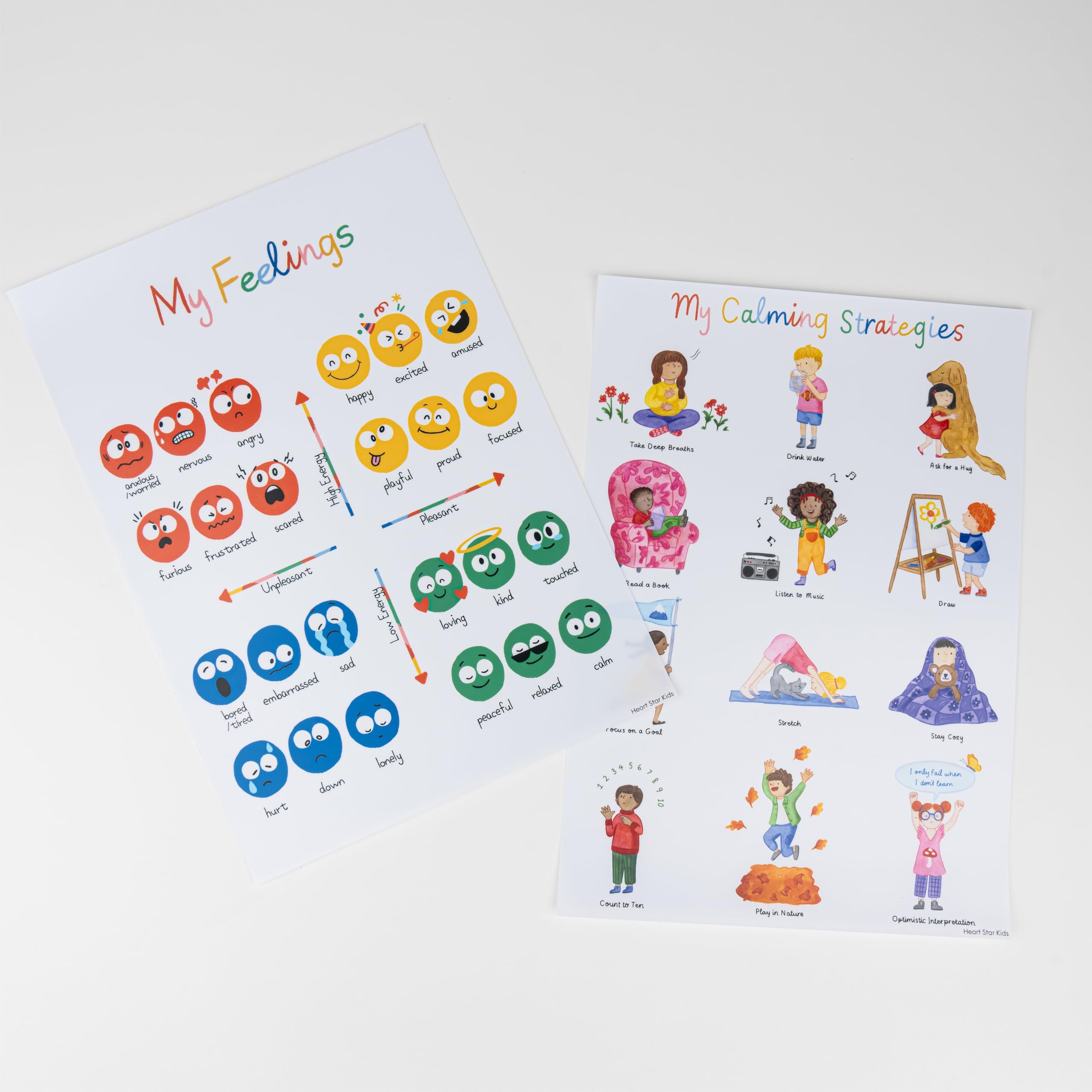 Heart Star Kids Feelings Chart and Emotions Chart - Mood Meter - My Feelings & My Calming Strategies Poster for Calming Corner - Emotional Regulation Tools for Kids - Social Emotional Learning