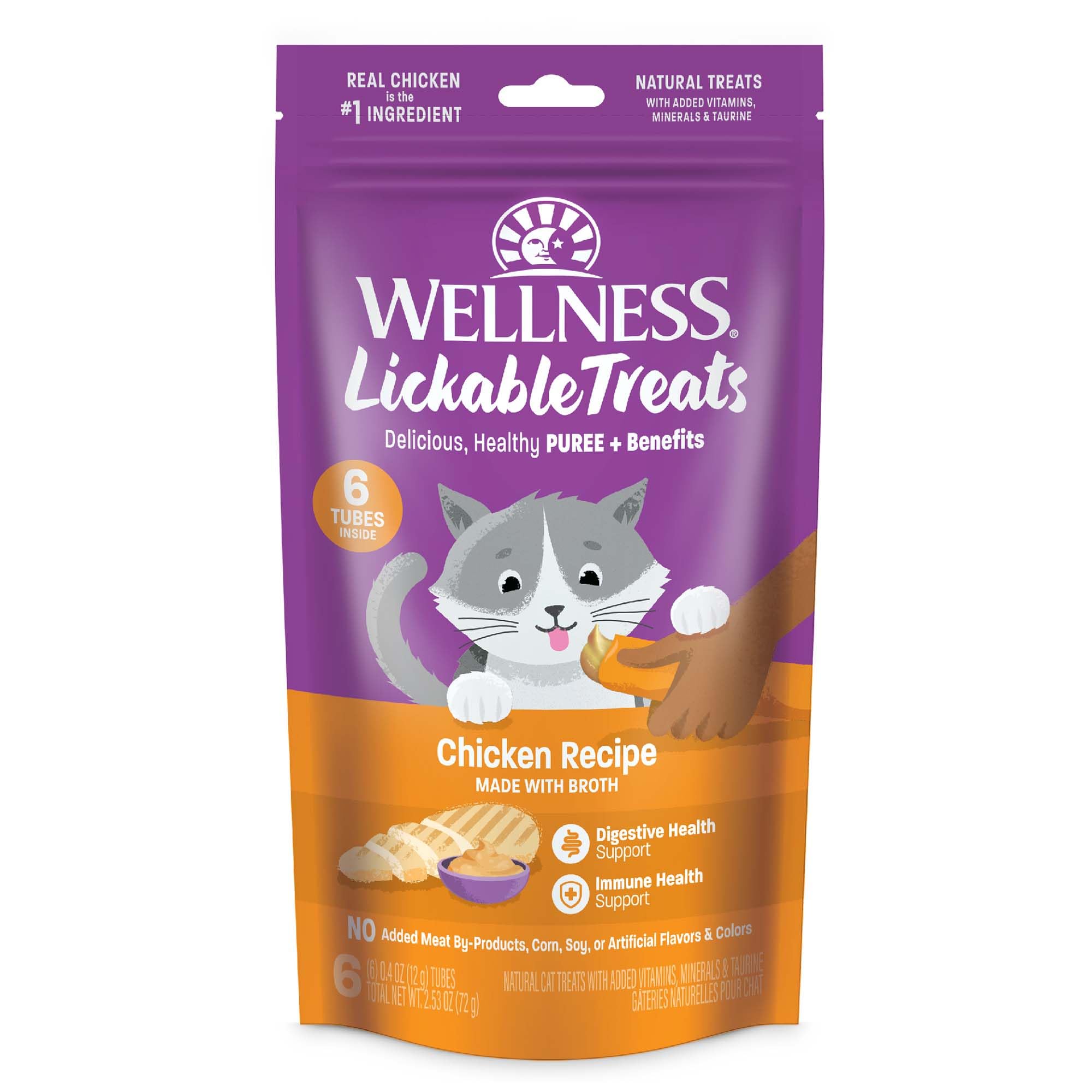 Wellness Lickable Treats Soft Puree Natural Grain Free Adult Cat Treats, Chicken Recipe, Contains 6-0.4 Ounce Squeezable Tubes