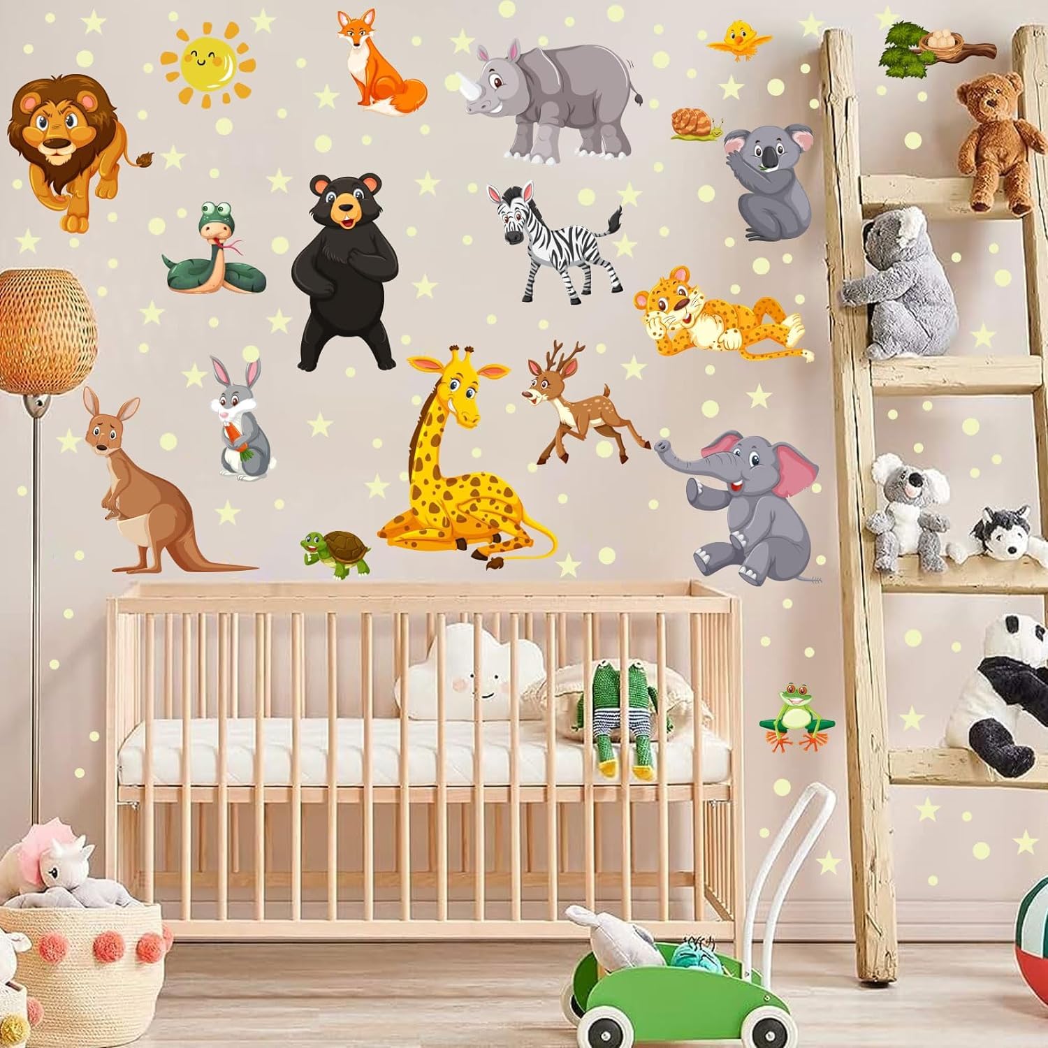 Adesivi da Parete Fluorescenti Animali Giungla Stickers Muro Luminoso Safari Elefante Leone Decorazioni Camera Bambini Verde