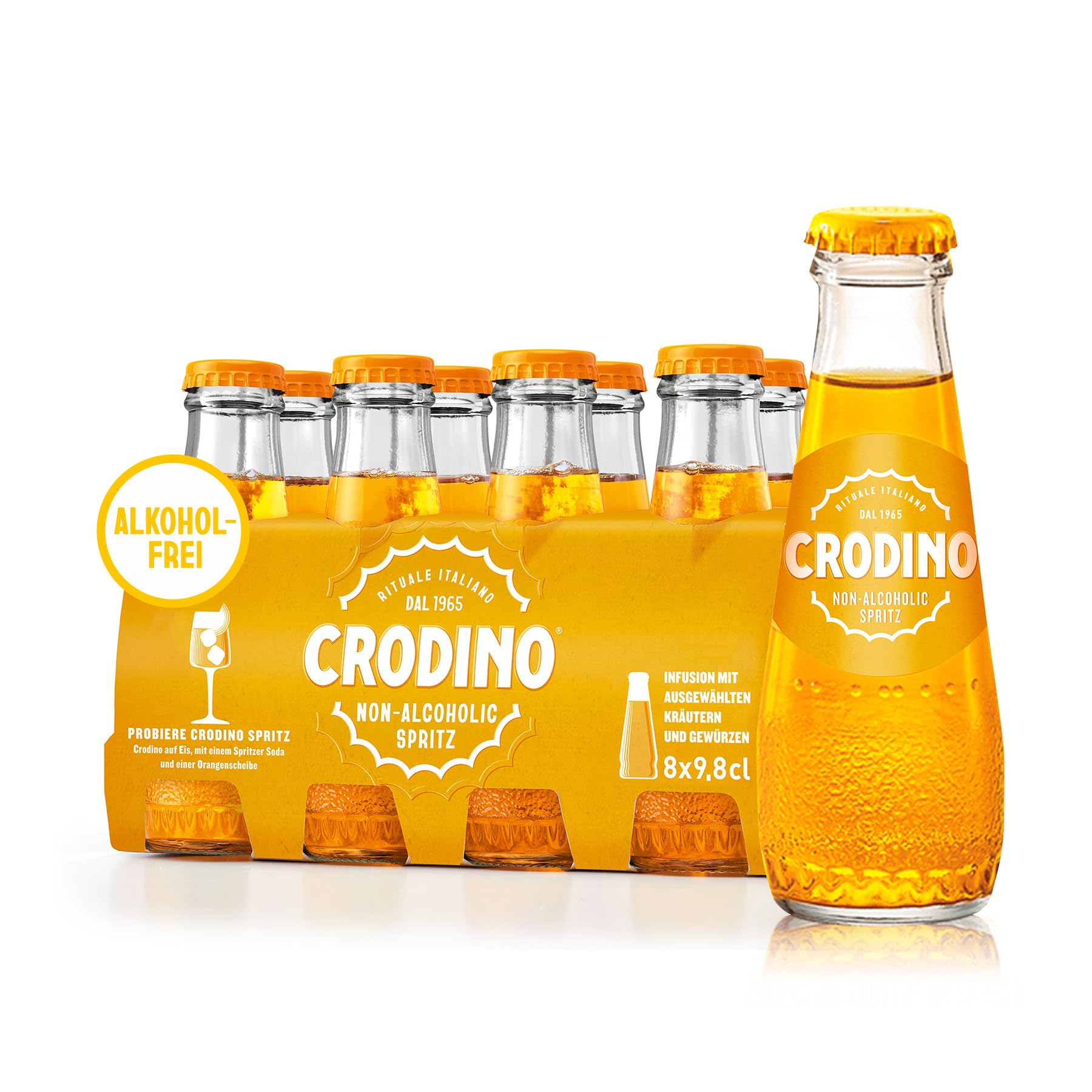 Crodino alkoholfreier Aperitif, 8 x 98 ml – Italienischer Classic Aperitivo, alkoholfreier Spritz, über 30 Kräuter- & Fruchtextrakte, erfrischend & prickelnd
