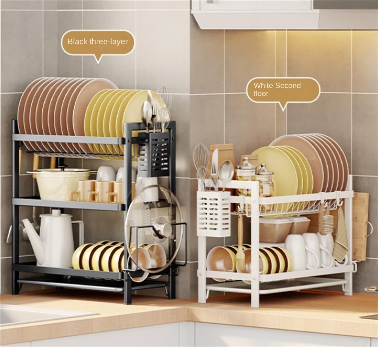 Escurreplatos y Soporte para Utensilios Que Ahorra Espacio en la encimera de la Cocina. Solución de Almacenamiento Duradera y Resistente (Negro 4 en 1).