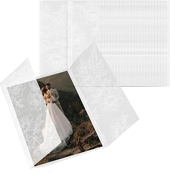 Vellum Jackets for 5x7 Invitations, Goefun 50 Pack Pre-Folded Floral Vellum Paper with White Flower Pattern, 115GSM Wedding Invite Sleeves for Invitation Cards, Envelope Liners, Bridal Showers, Events