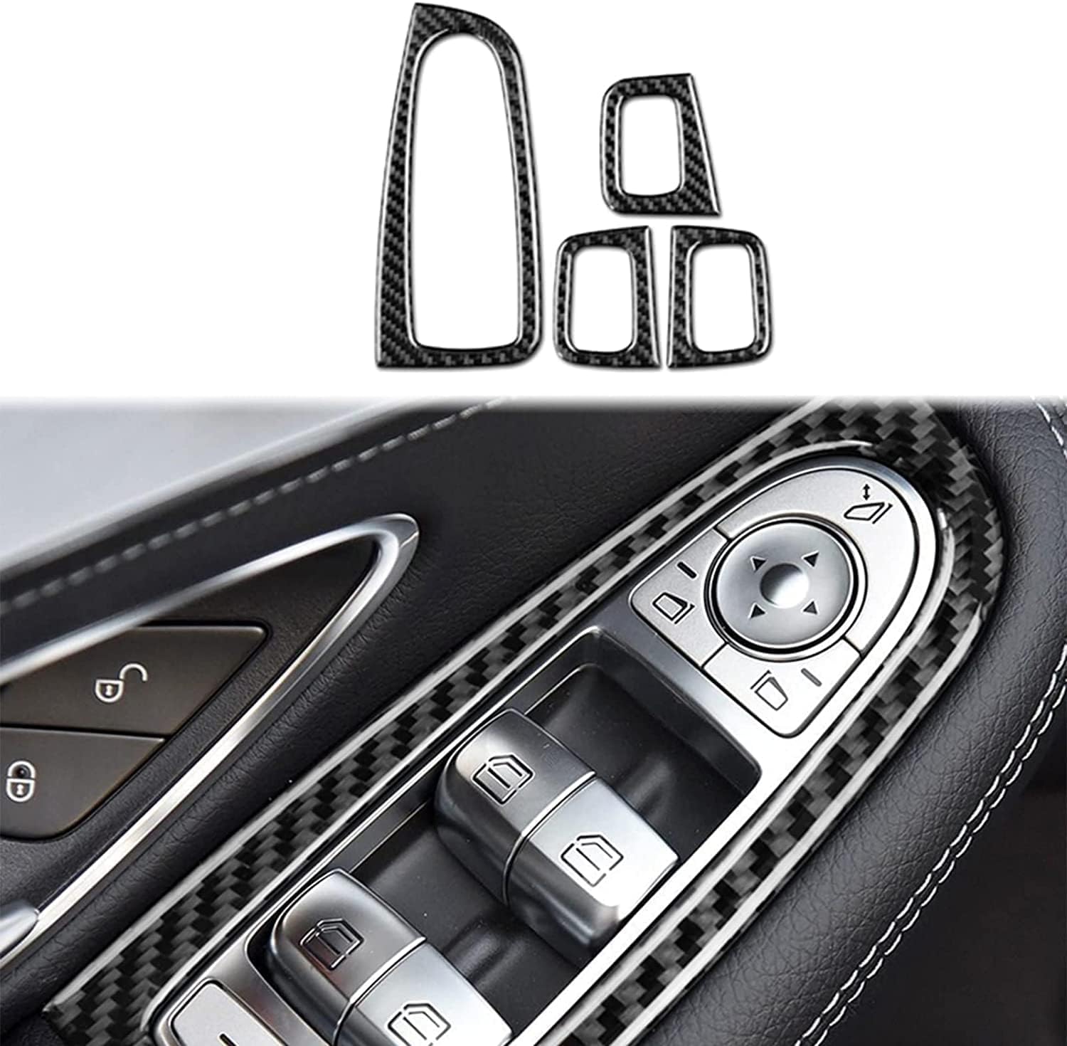 THE WHITE SHOP Carbon Fiber, for Accessories, Car Interior Door Window Switch Trim Sticker forW205 C Class C180 C200 C300 GLC, Left Hand Drive, Black