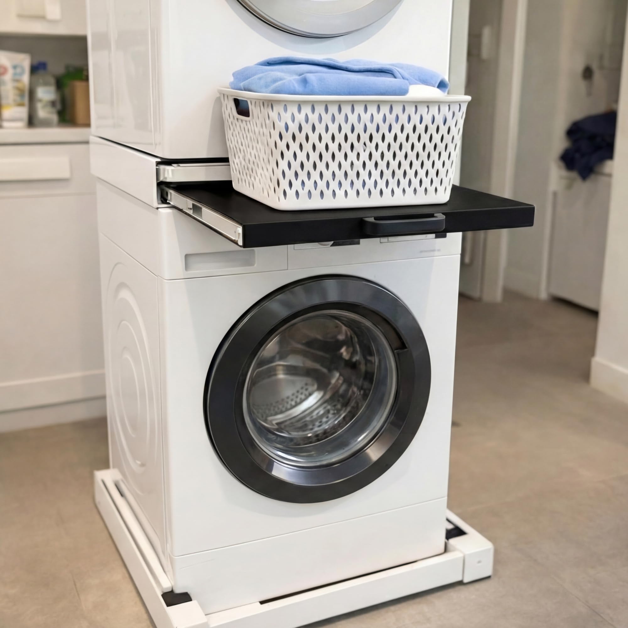 Vonia Verbindungsrahmen Waschmaschine Trockner Universal – Stapelkit mit Ausziehbarem Plateau – Anti-Vibrations-Dämpfer – Für Waschmaschine Trockner