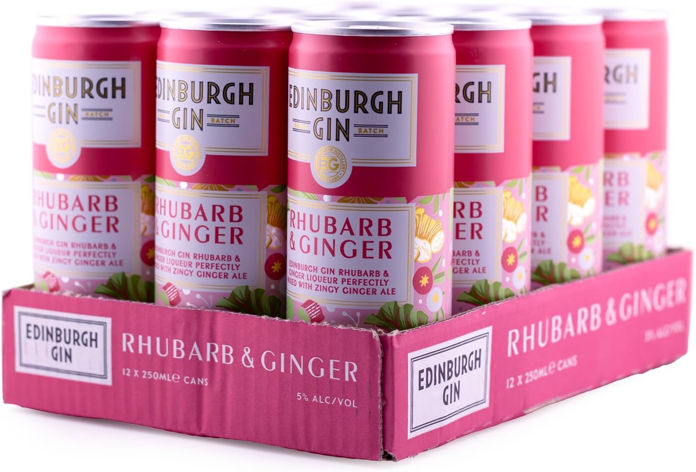 Rhubarb & Ginger Gin Liqueur and Ginger Ale Ready To Drink Cocktail Can 5% ABV | 250ml | Pack of 12 | Balanced and Warming | The Perfect Liqueur Serve On The Move
