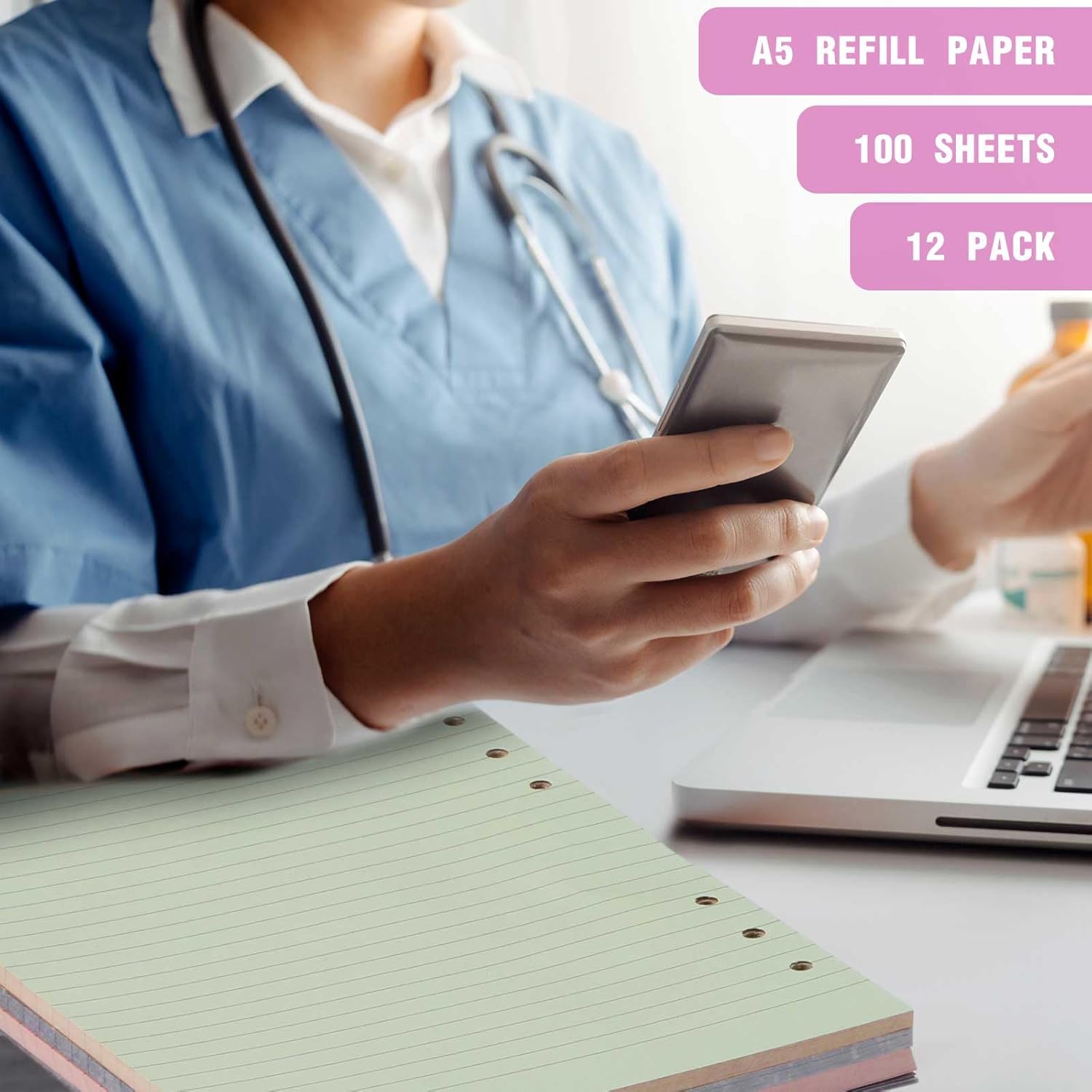 PerKoop 12 Pack Lined Refill Paper A5 Colored 6 Ring Binder Planner Inserts 6 Hole Notebook Refills Paper 8.2 x 5.8 Inch Loose Leaf (Mixed Colors)
